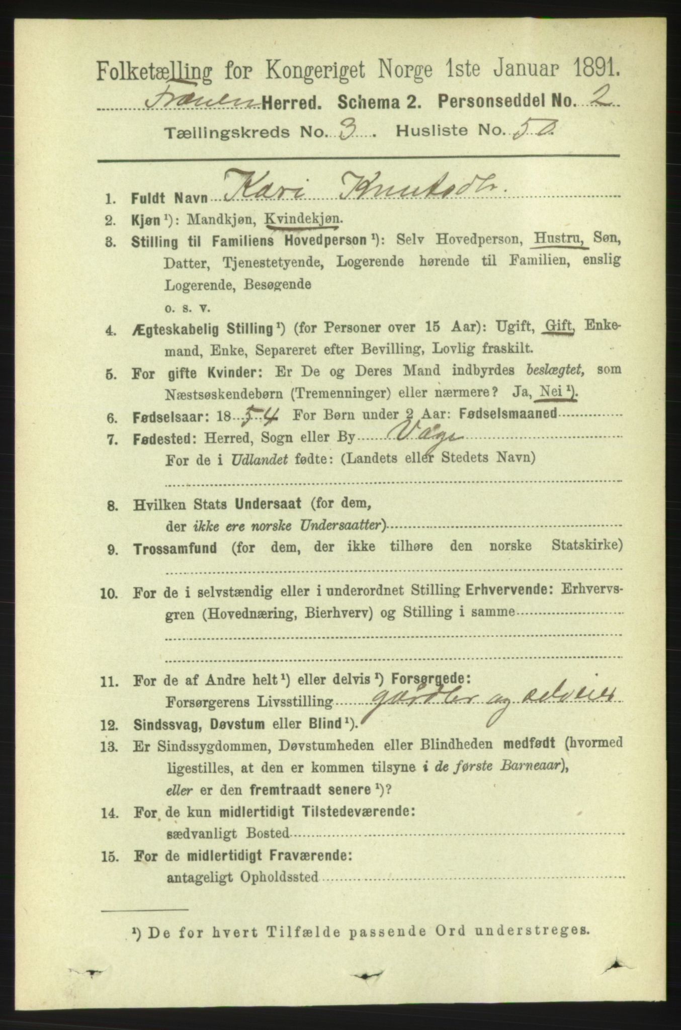 RA, 1891 census for 1548 Fræna, 1891, p. 1074