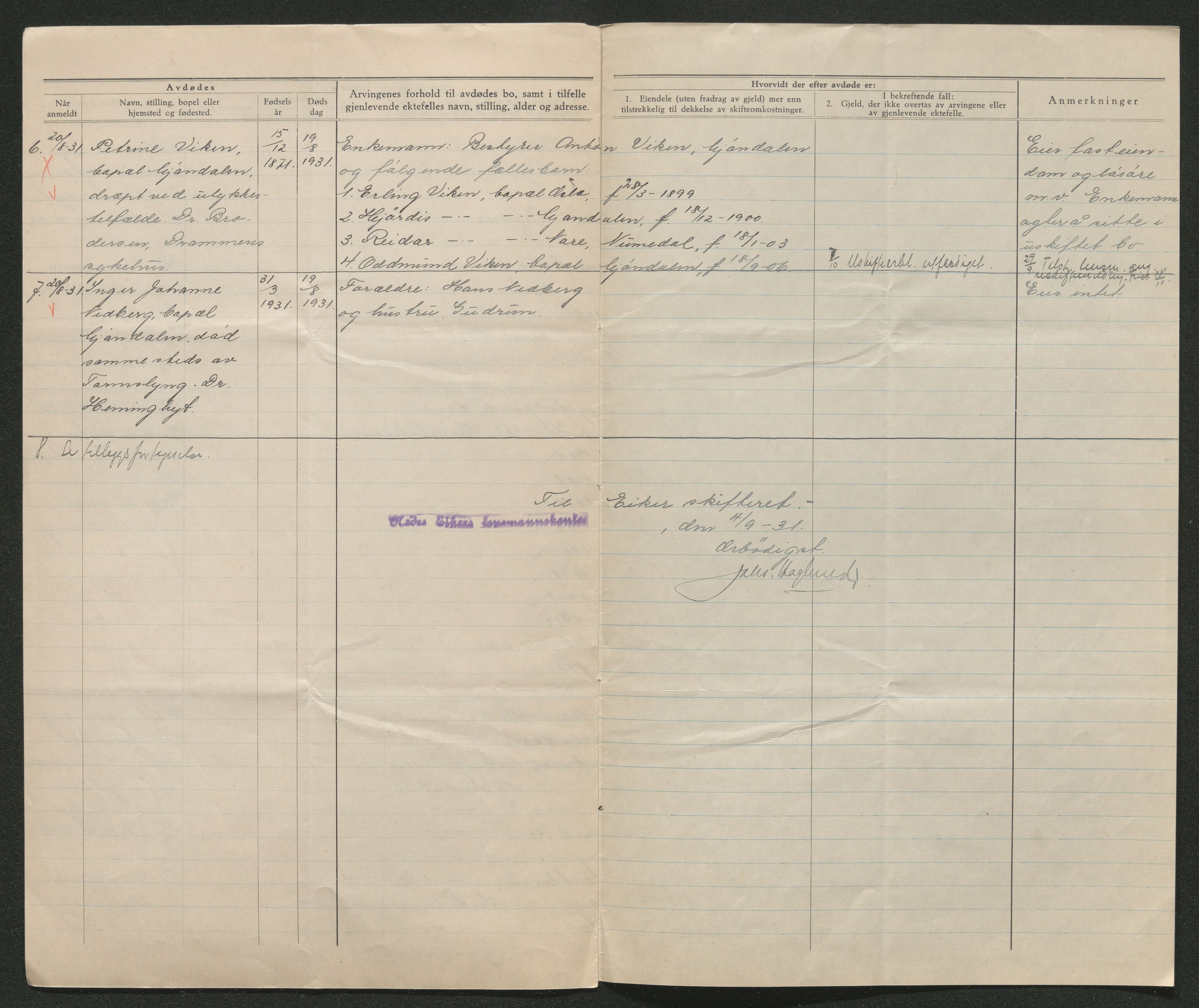 Eiker, Modum og Sigdal sorenskriveri, AV/SAKO-A-123/H/Ha/Hab/L0046: Dødsfallsmeldinger, 1930-1931, p. 1030