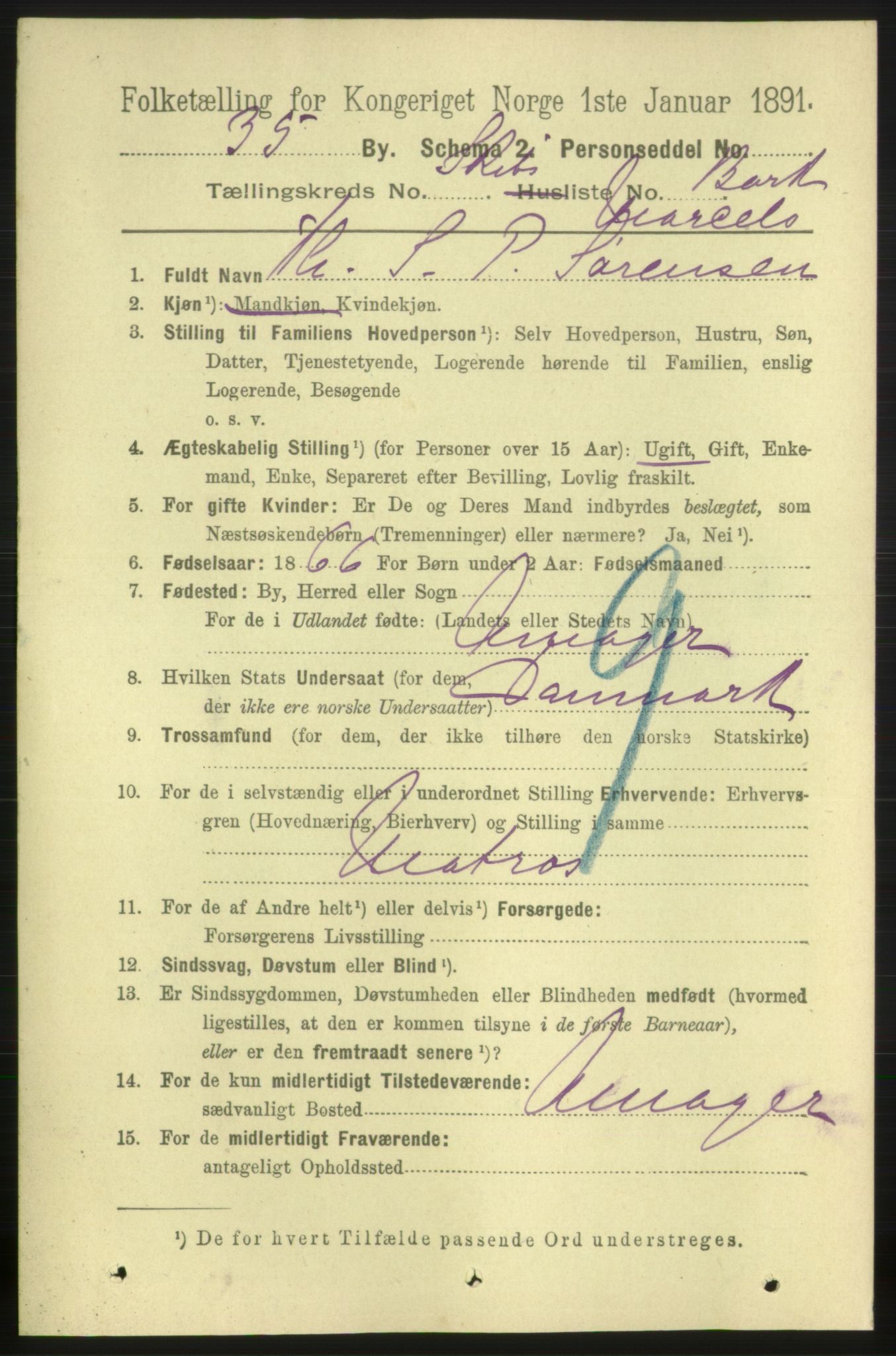 RA, 1891 census for 0905 Lillesand, 1891, p. 1622