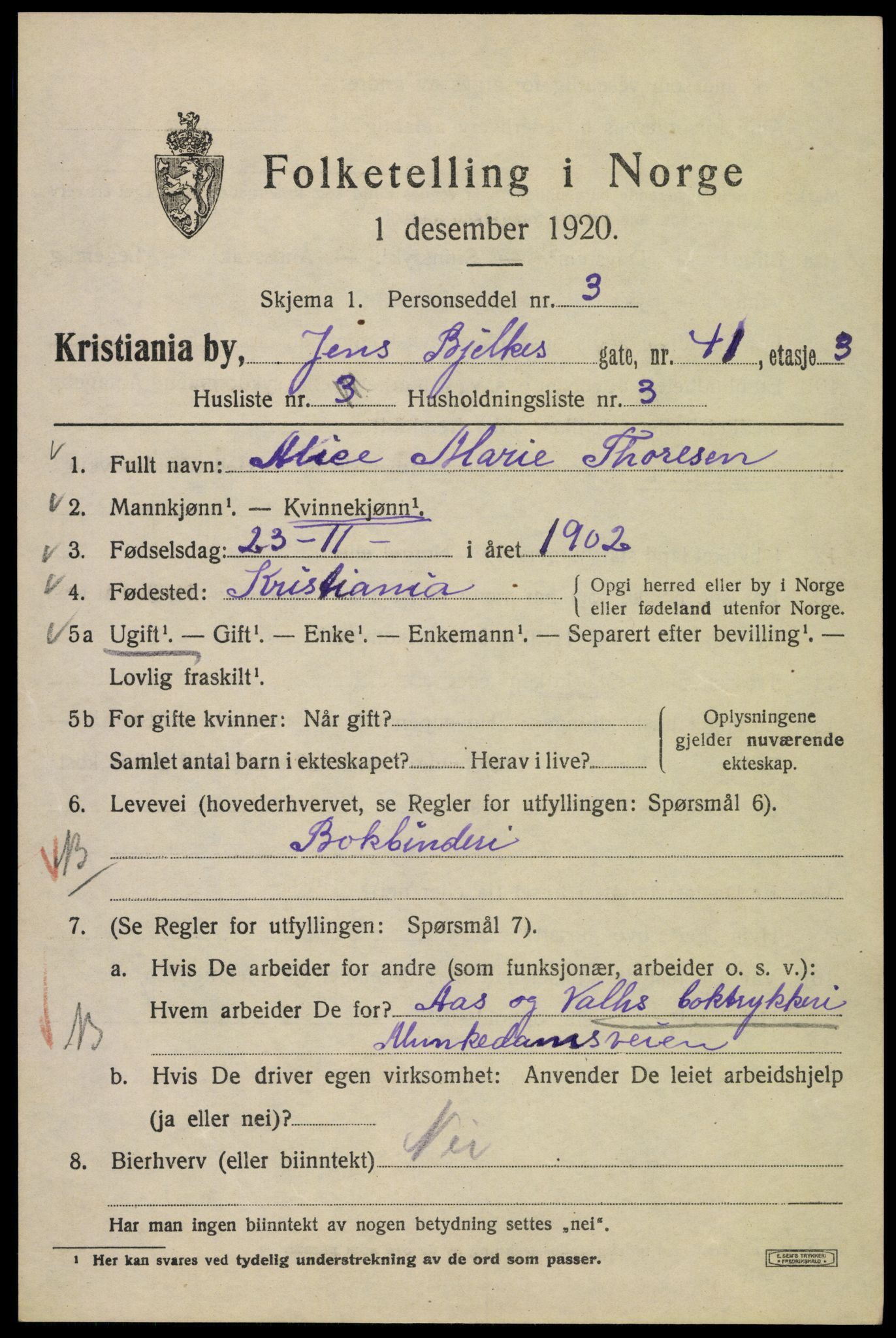 SAO, 1920 census for Kristiania, 1920, p. 320509