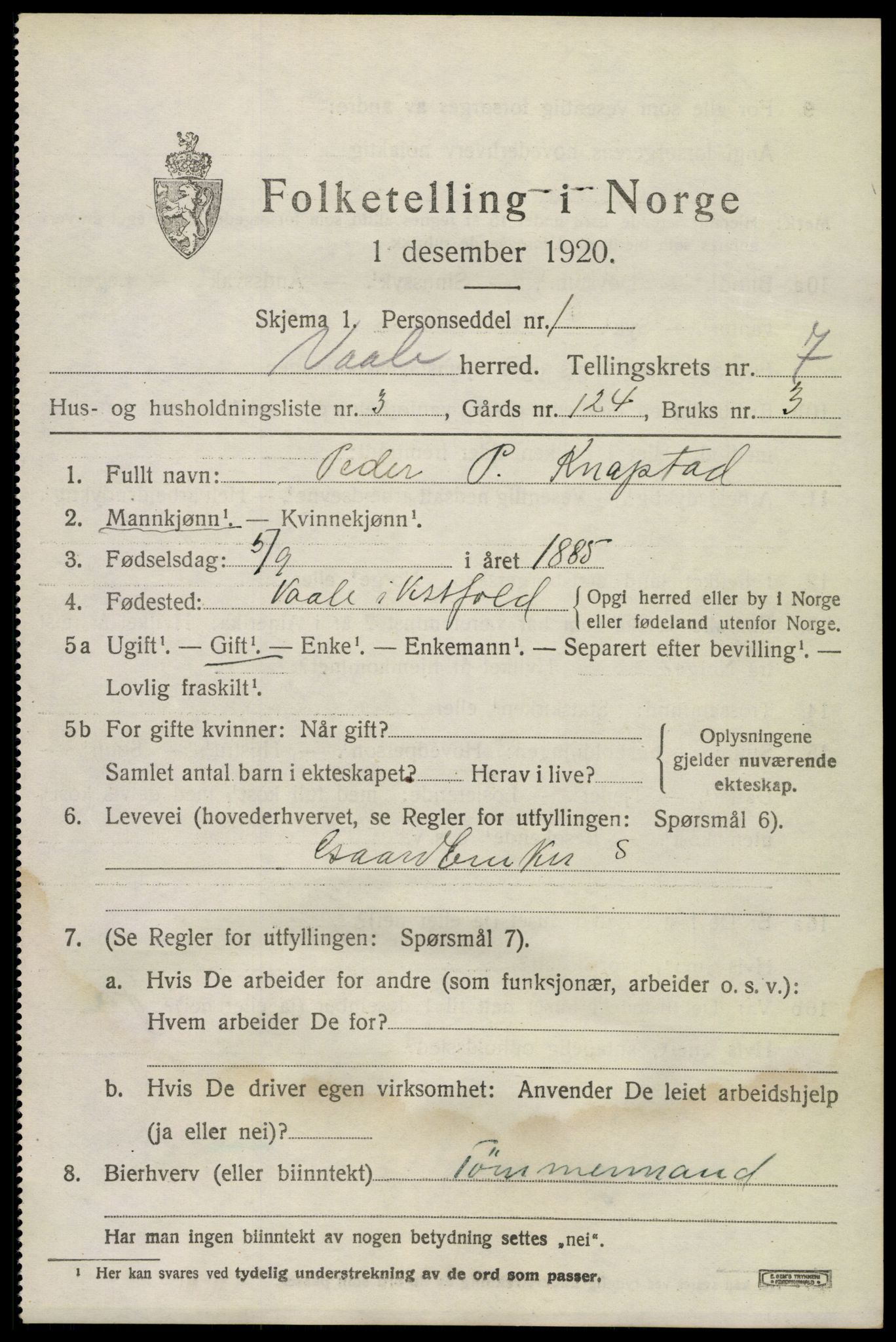 SAKO, 1920 census for Våle, 1920, p. 5520