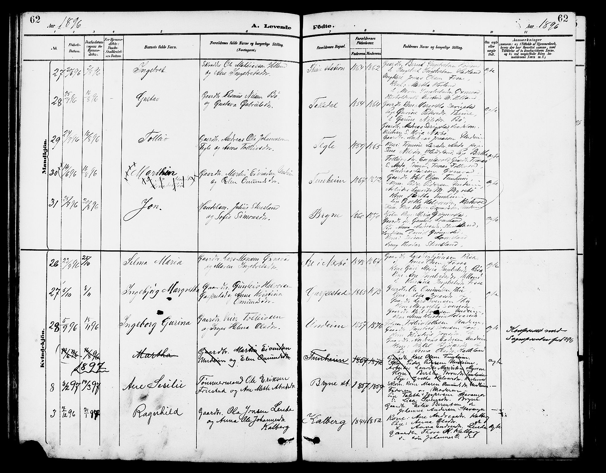 Lye sokneprestkontor, AV/SAST-A-101794/001/30BB/L0007: Parish register (copy) no. B 8, 1889-1909, p. 62