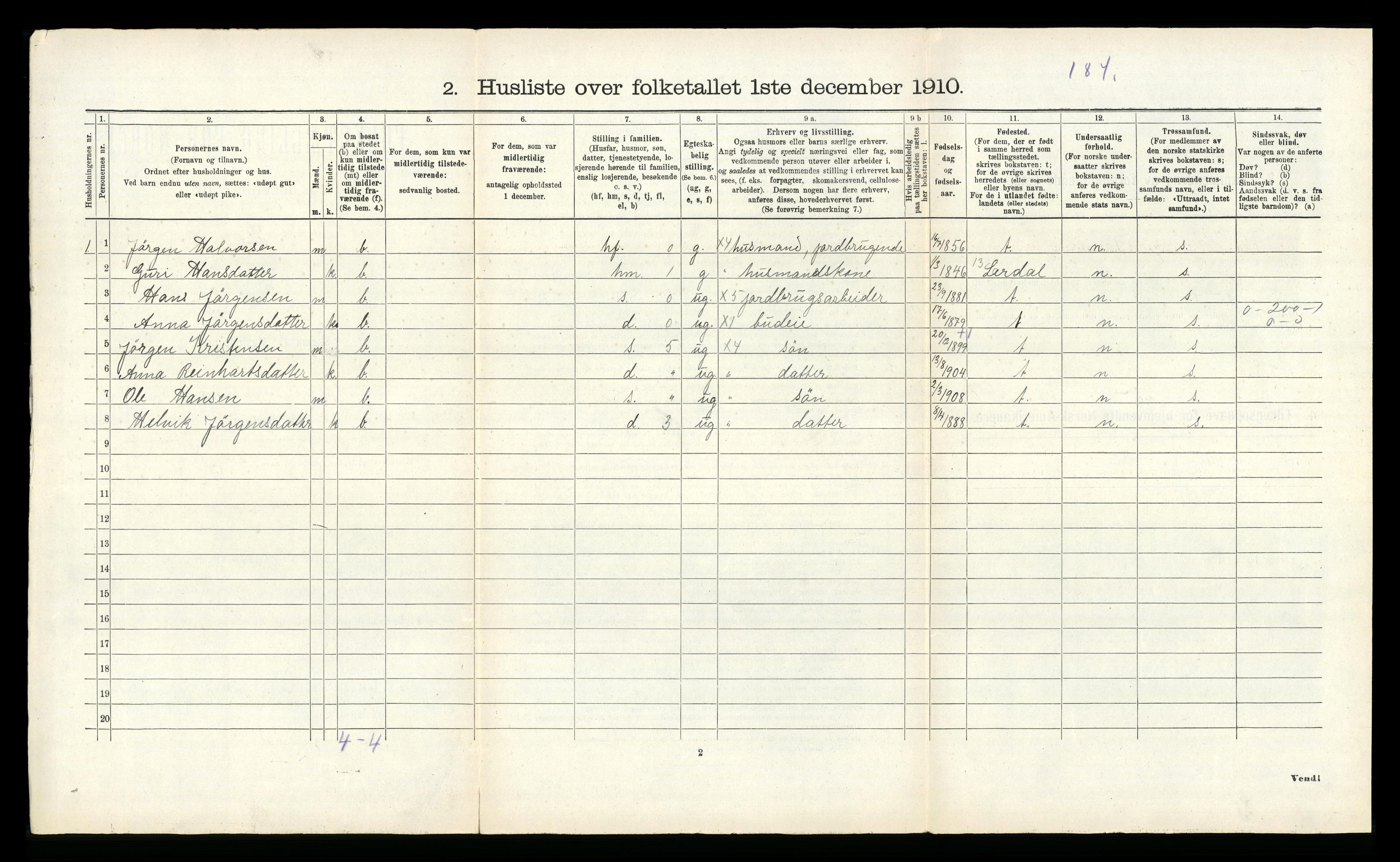 RA, 1910 census for Årdal, 1910, p. 91