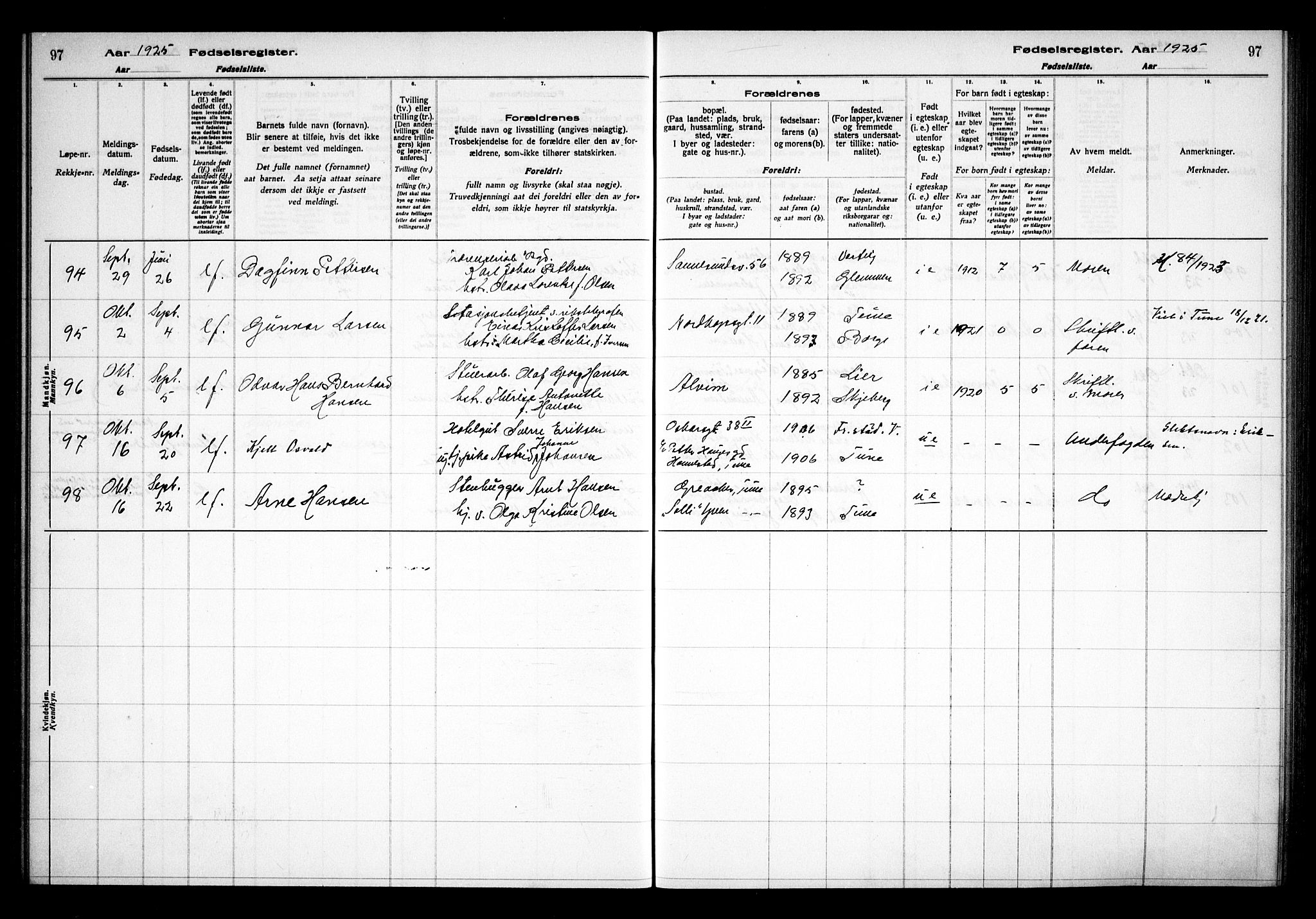 Sarpsborg prestekontor Kirkebøker, AV/SAO-A-2006/J/Ja/L0002: Birth register no. 2, 1922-1928, p. 97