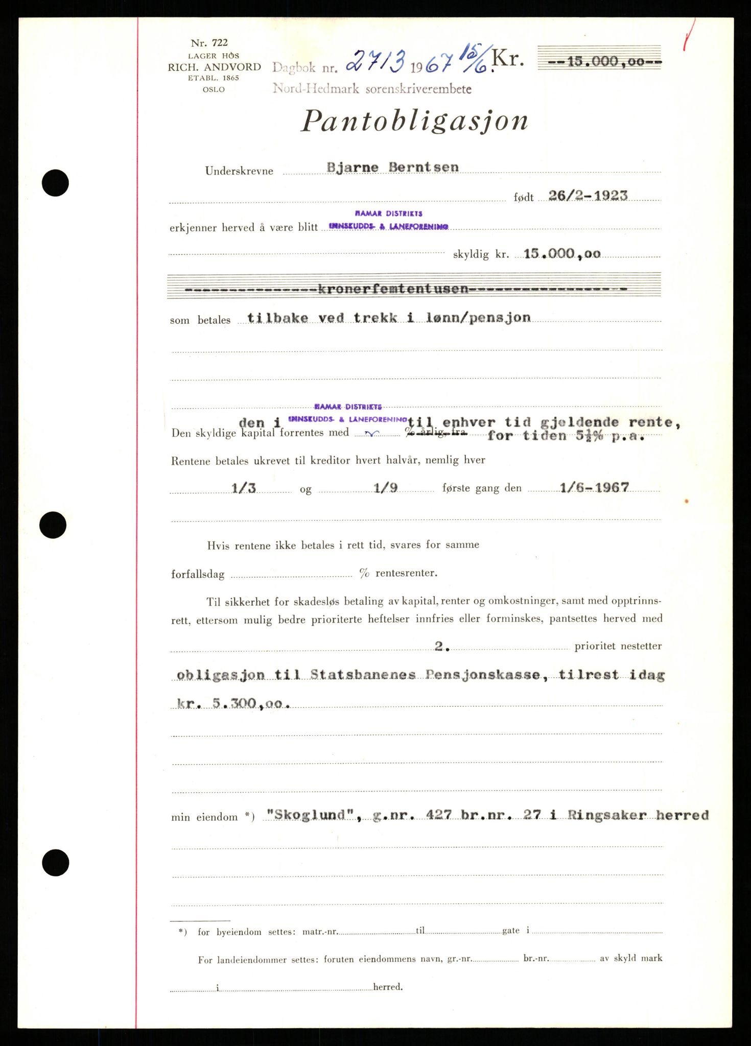 Nord-Hedmark sorenskriveri, SAH/TING-012/H/Hb/Hbf/L0071: Mortgage book no. B71, 1967-1967, Diary no: : 2713/1967