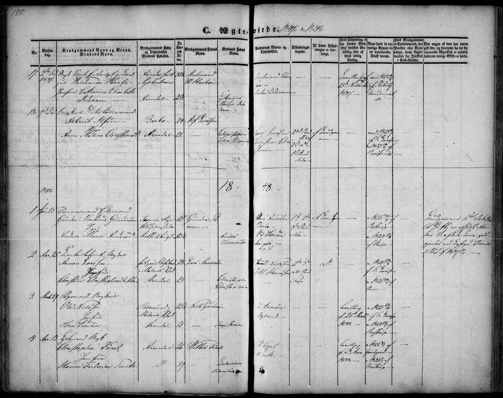 Arendal sokneprestkontor, Trefoldighet, SAK/1111-0040/F/Fa/L0005: Parish register (official) no. A 5, 1838-1854, p. 180