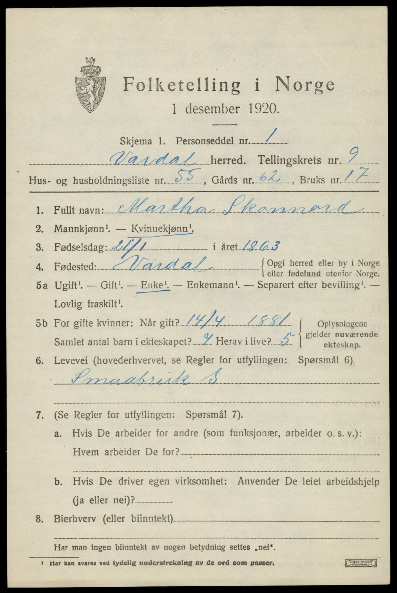 SAH, 1920 census for Vardal, 1920, p. 7451