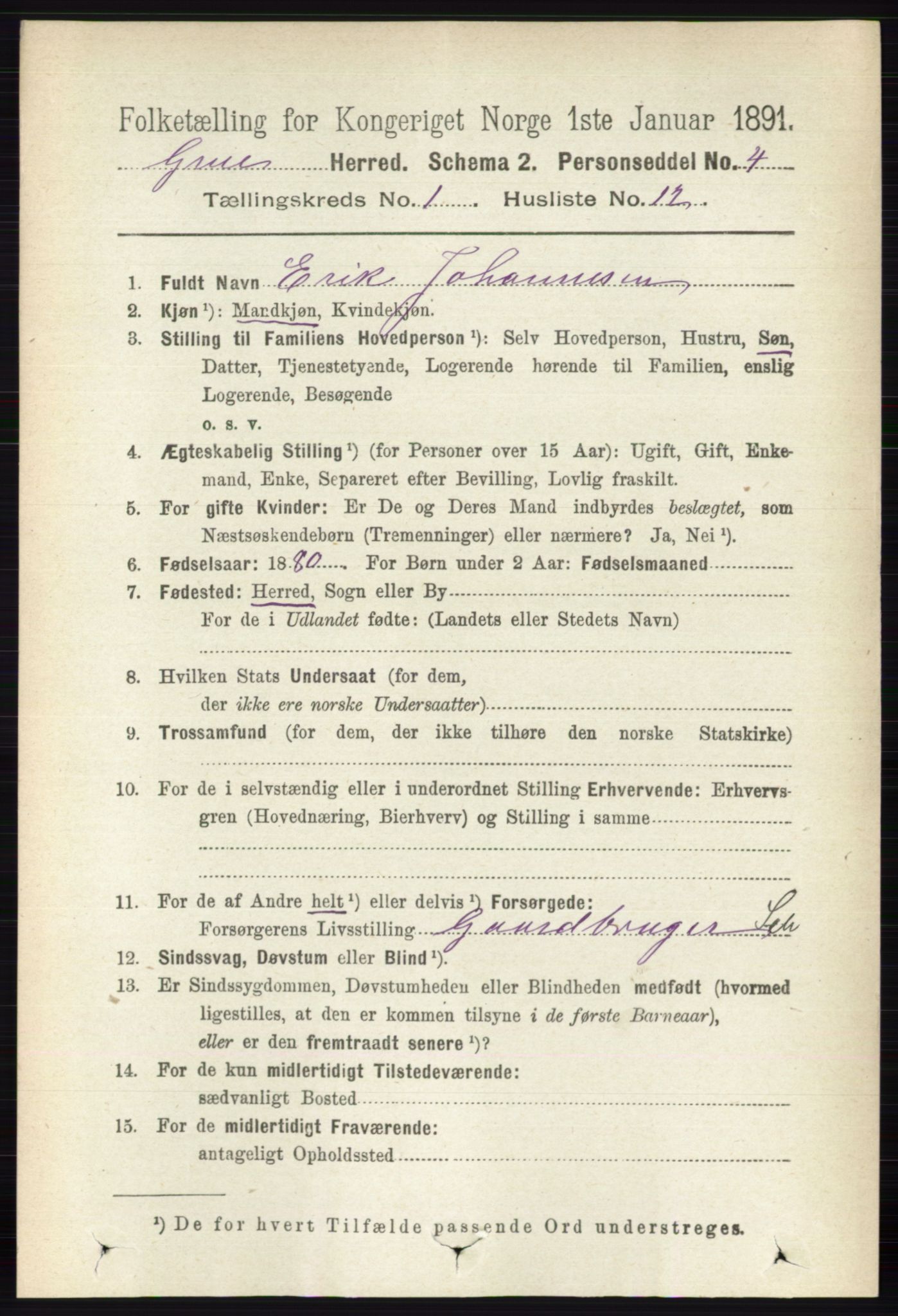 RA, 1891 census for 0423 Grue, 1891, p. 264