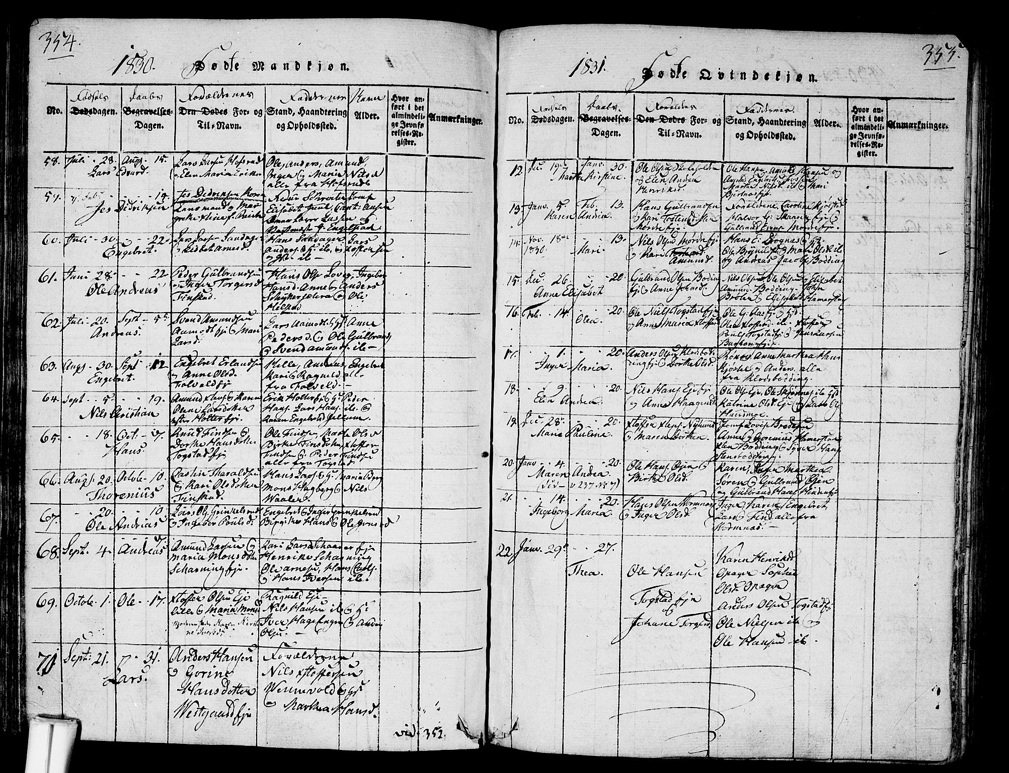 Nes prestekontor Kirkebøker, AV/SAO-A-10410/G/Ga/L0001: Parish register (copy) no. I 1, 1815-1835, p. 354-355