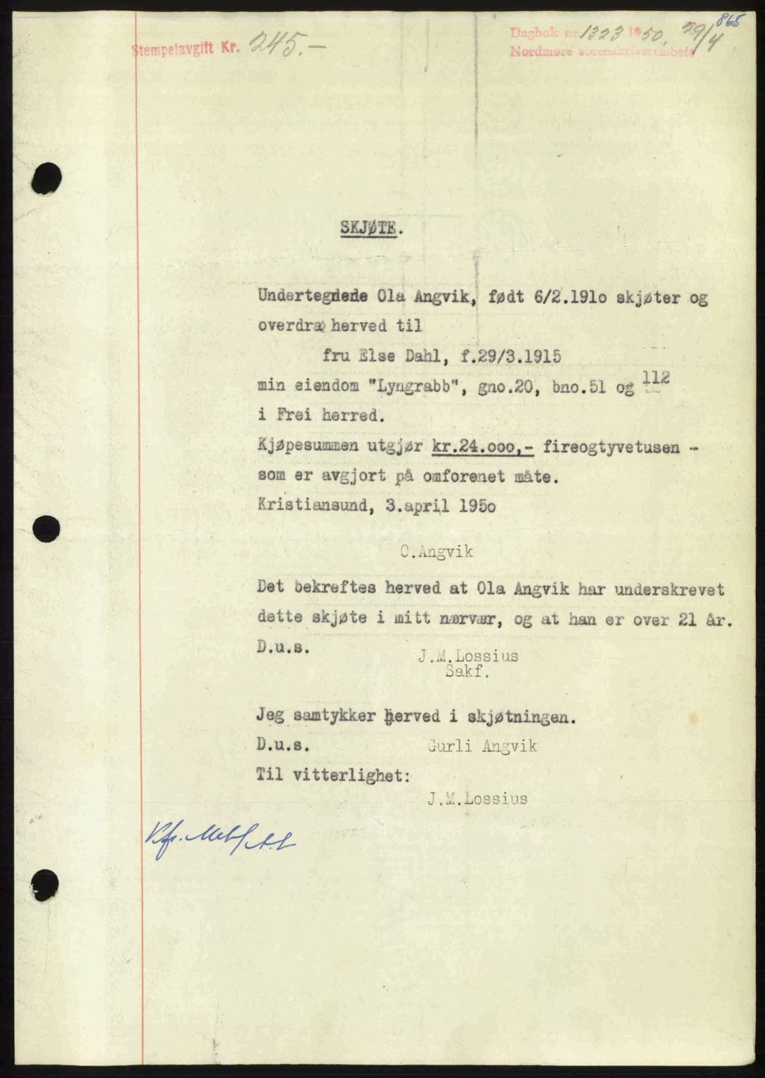 Nordmøre sorenskriveri, AV/SAT-A-4132/1/2/2Ca: Mortgage book no. A114, 1950-1950, Diary no: : 1323/1950