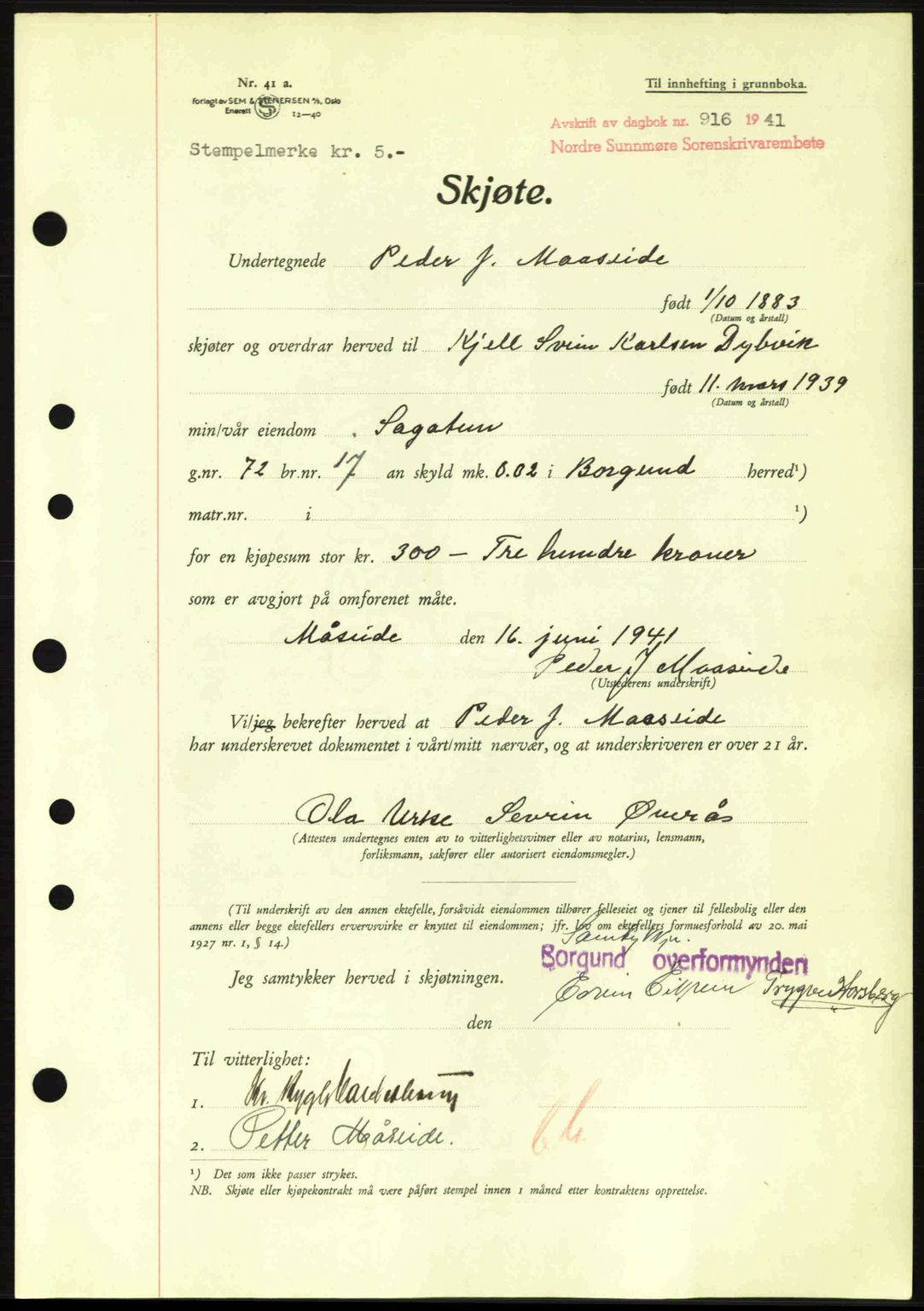 Nordre Sunnmøre sorenskriveri, AV/SAT-A-0006/1/2/2C/2Ca: Mortgage book no. A11, 1941-1941, Diary no: : 916/1941