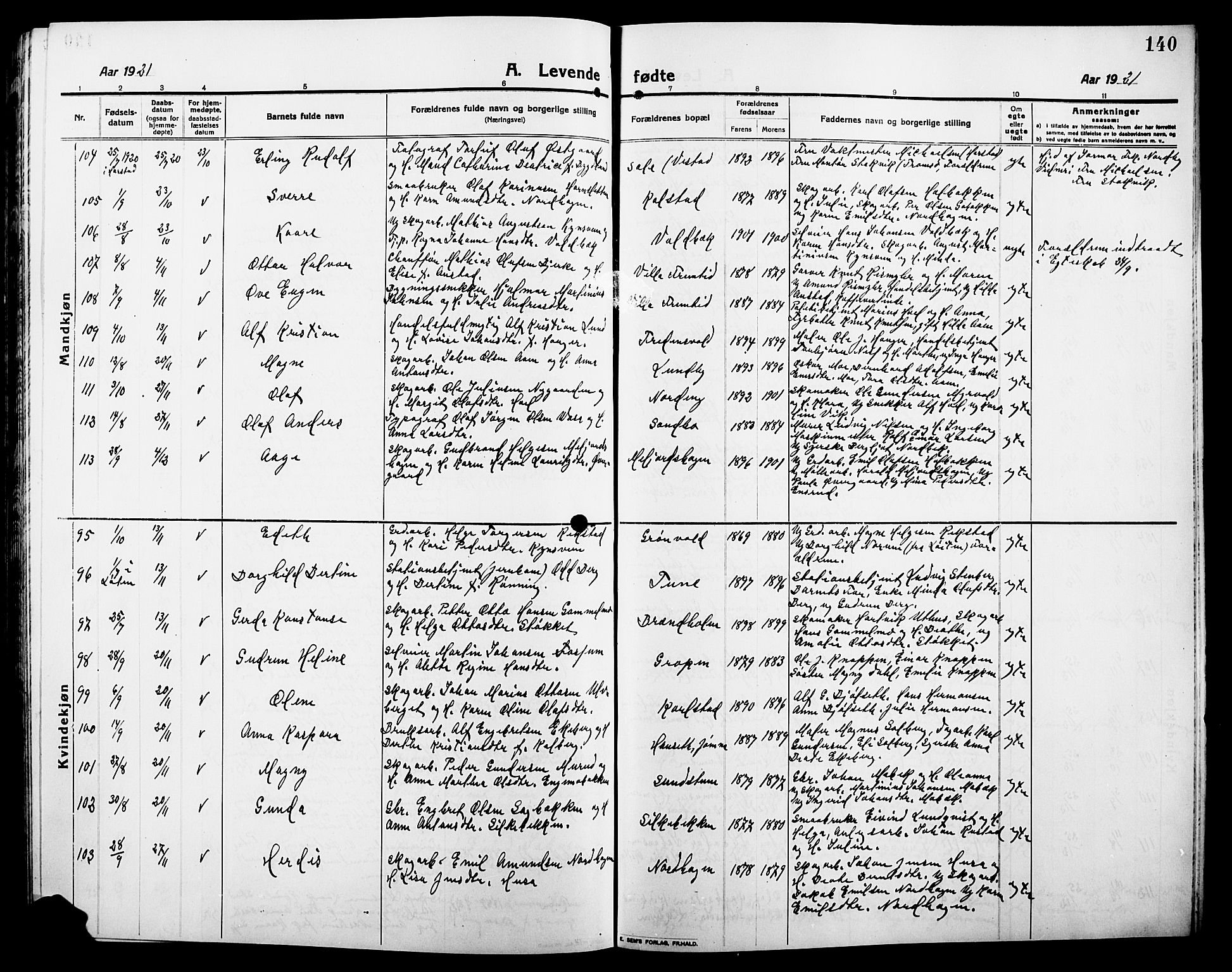 Elverum prestekontor, AV/SAH-PREST-044/H/Ha/Hab/L0010: Parish register (copy) no. 10, 1912-1922, p. 140