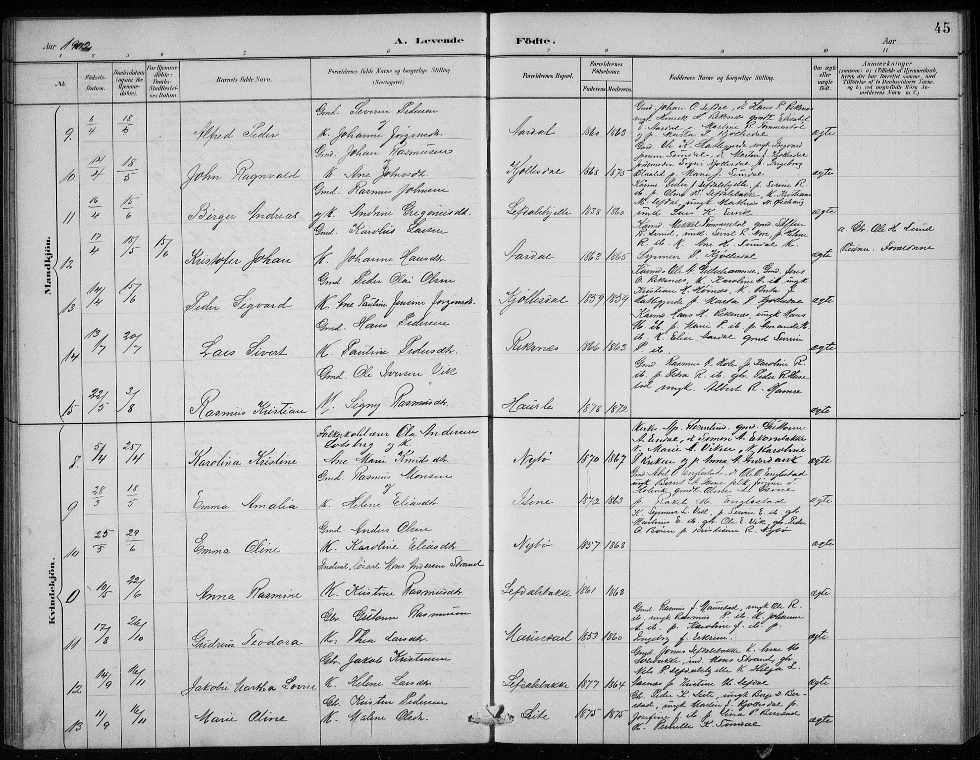 Davik sokneprestembete, AV/SAB-A-79701/H/Hab/Haba/L0002: Parish register (copy) no. A 2, 1890-1911, p. 45