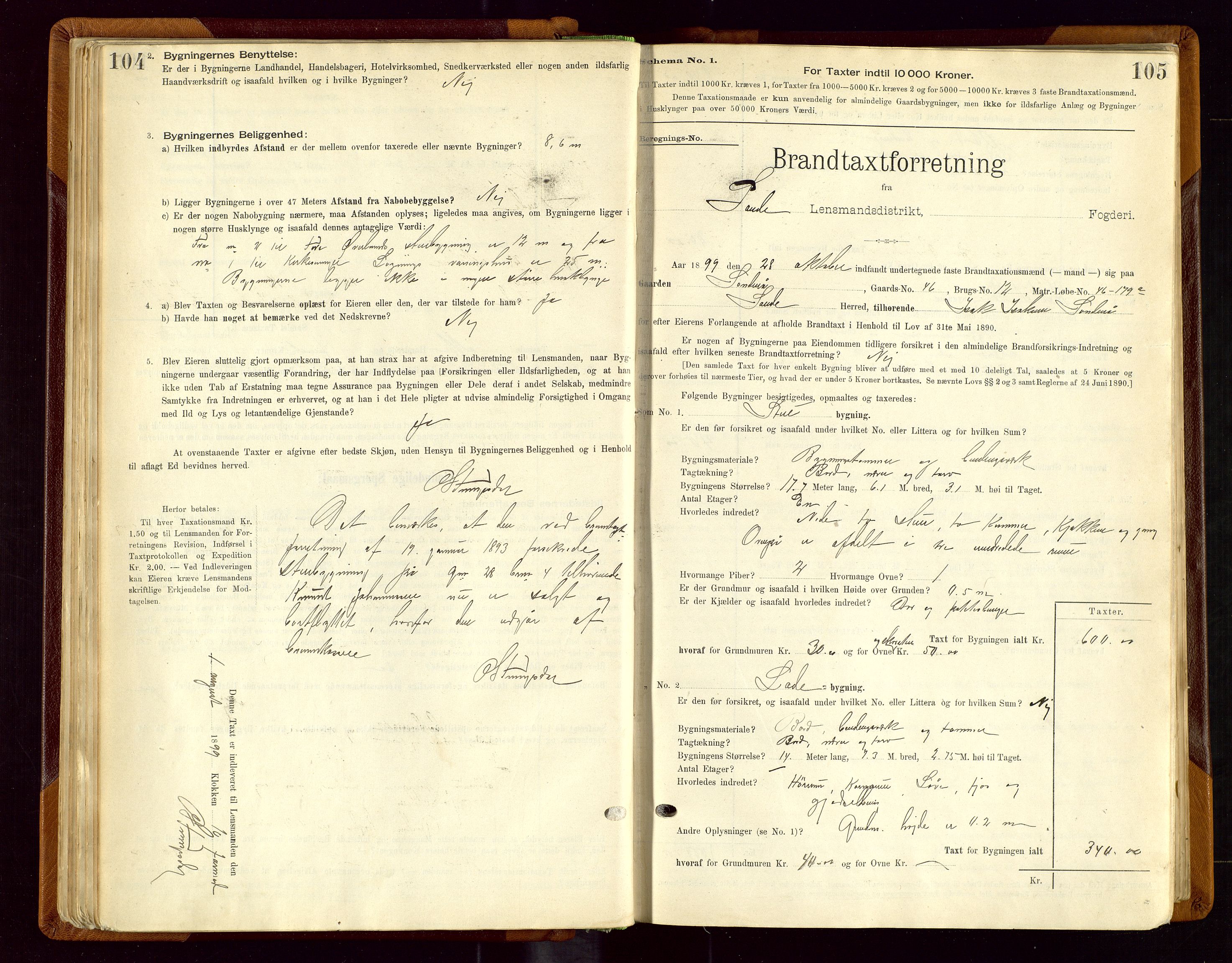 Sauda lensmannskontor, SAST/A-100177/Gob/L0001: Branntakstprotokoll - skjematakst, 1894-1914, p. 104-105