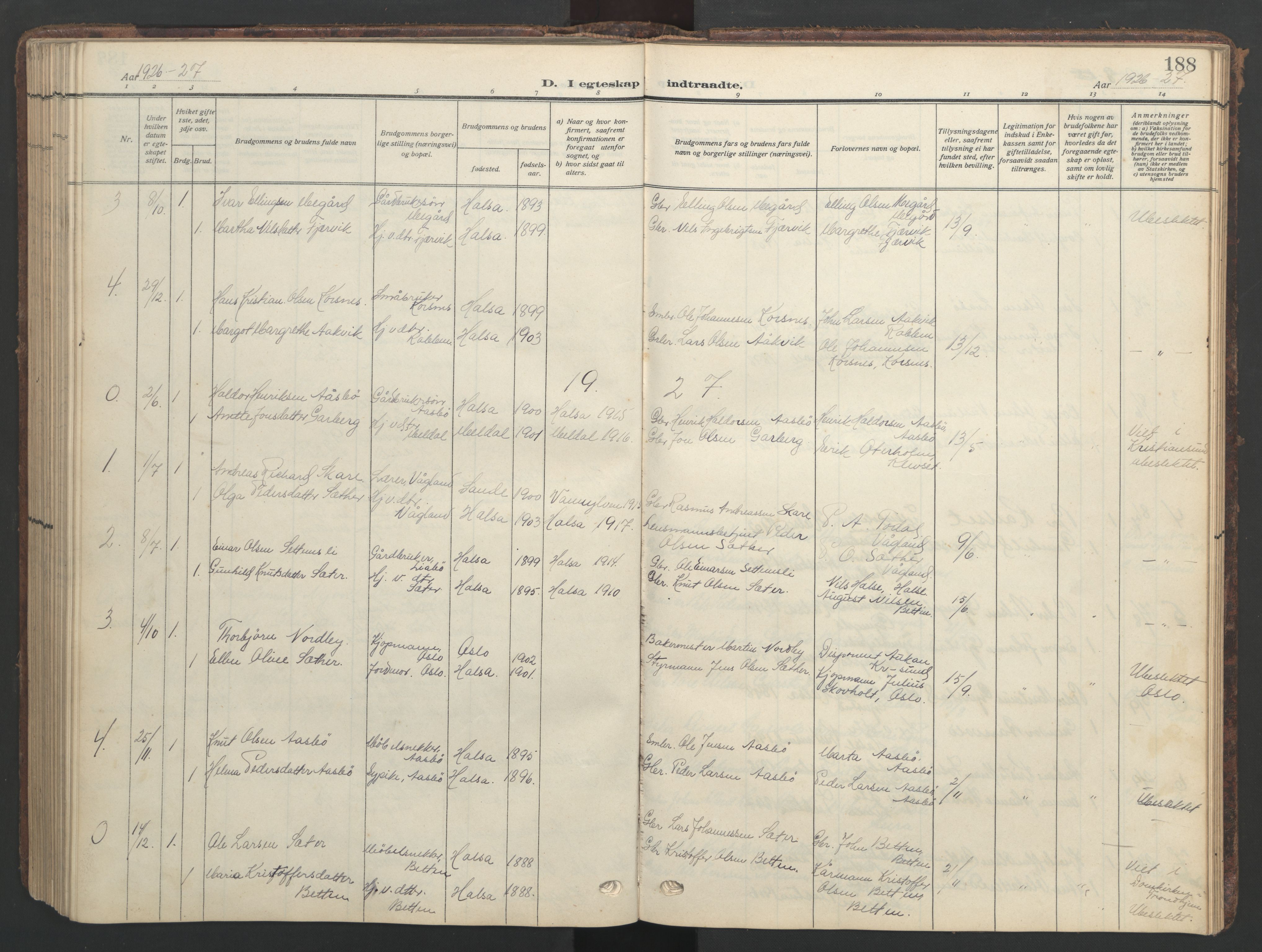 Ministerialprotokoller, klokkerbøker og fødselsregistre - Møre og Romsdal, SAT/A-1454/576/L0891: Parish register (copy) no. 576C02, 1909-1946, p. 188