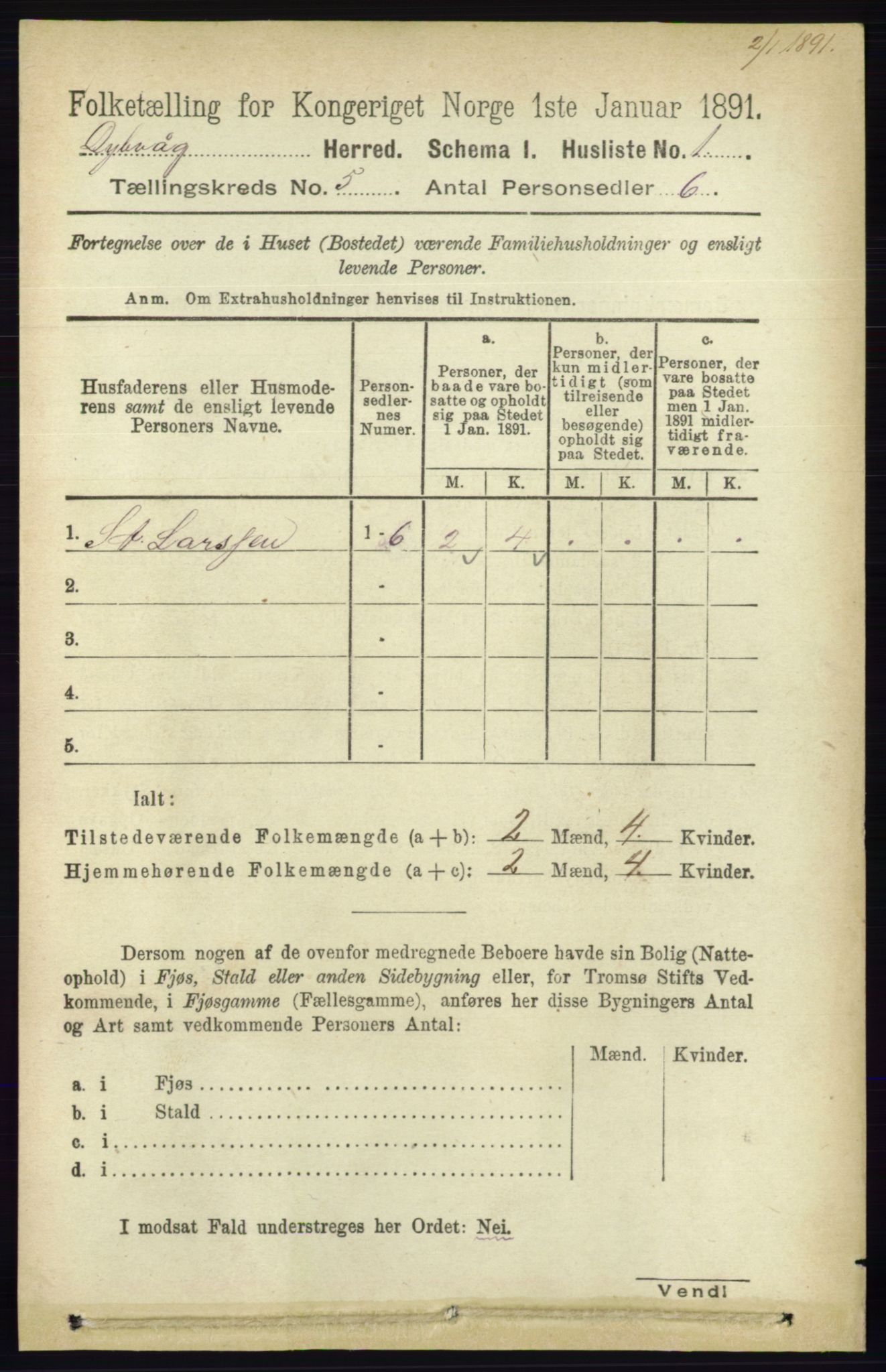 RA, 1891 census for 0915 Dypvåg, 1891, p. 1315