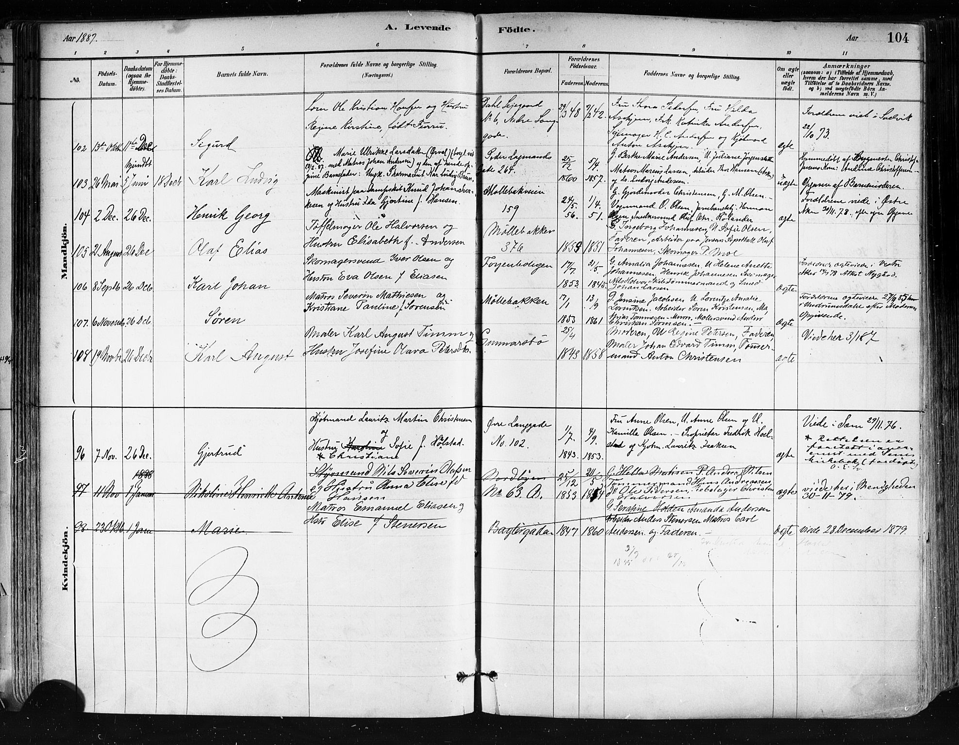 Tønsberg kirkebøker, AV/SAKO-A-330/F/Fa/L0011: Parish register (official) no. I 11, 1881-1890, p. 104