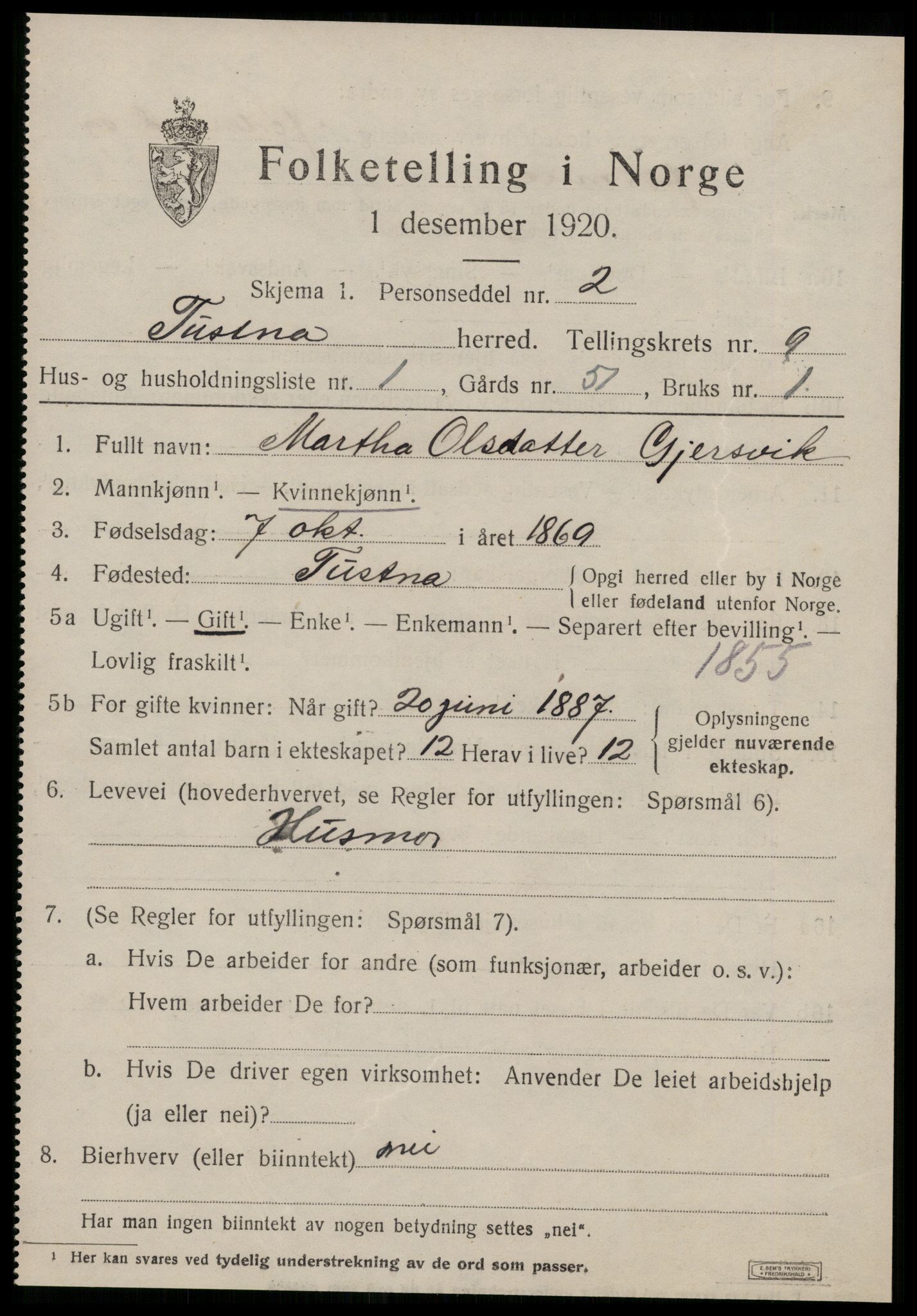 SAT, 1920 census for Tustna, 1920, p. 3827