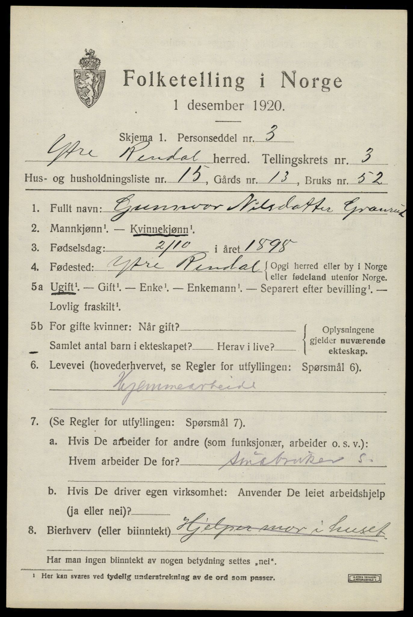 SAH, 1920 census for Ytre Rendal, 1920, p. 1773