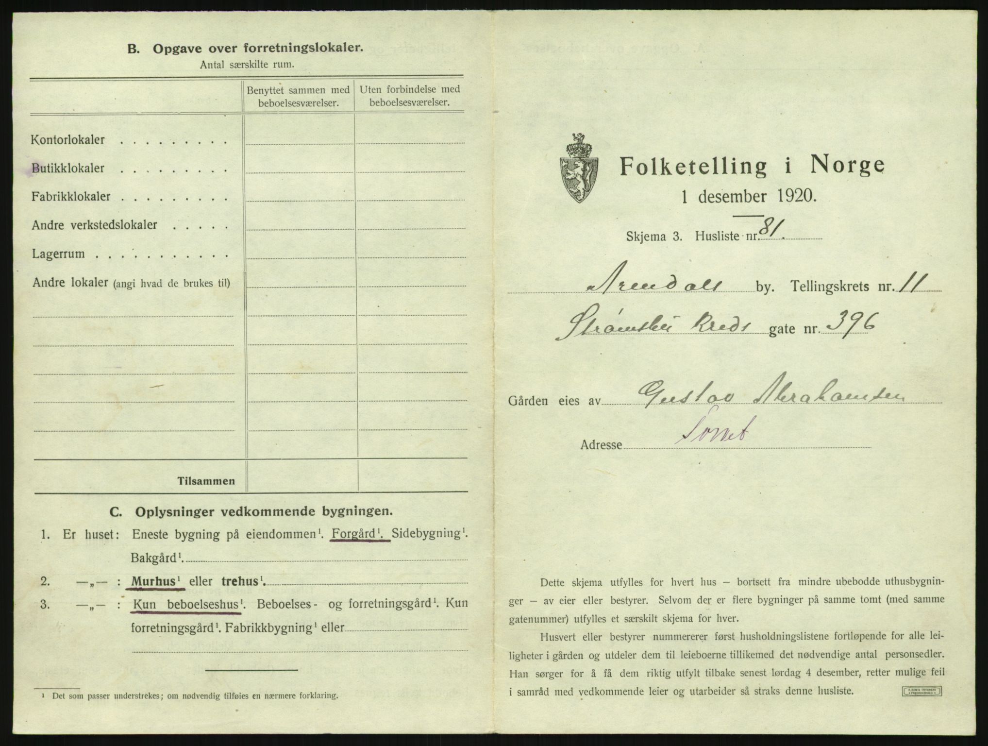 SAK, 1920 census for Arendal, 1920, p. 1634