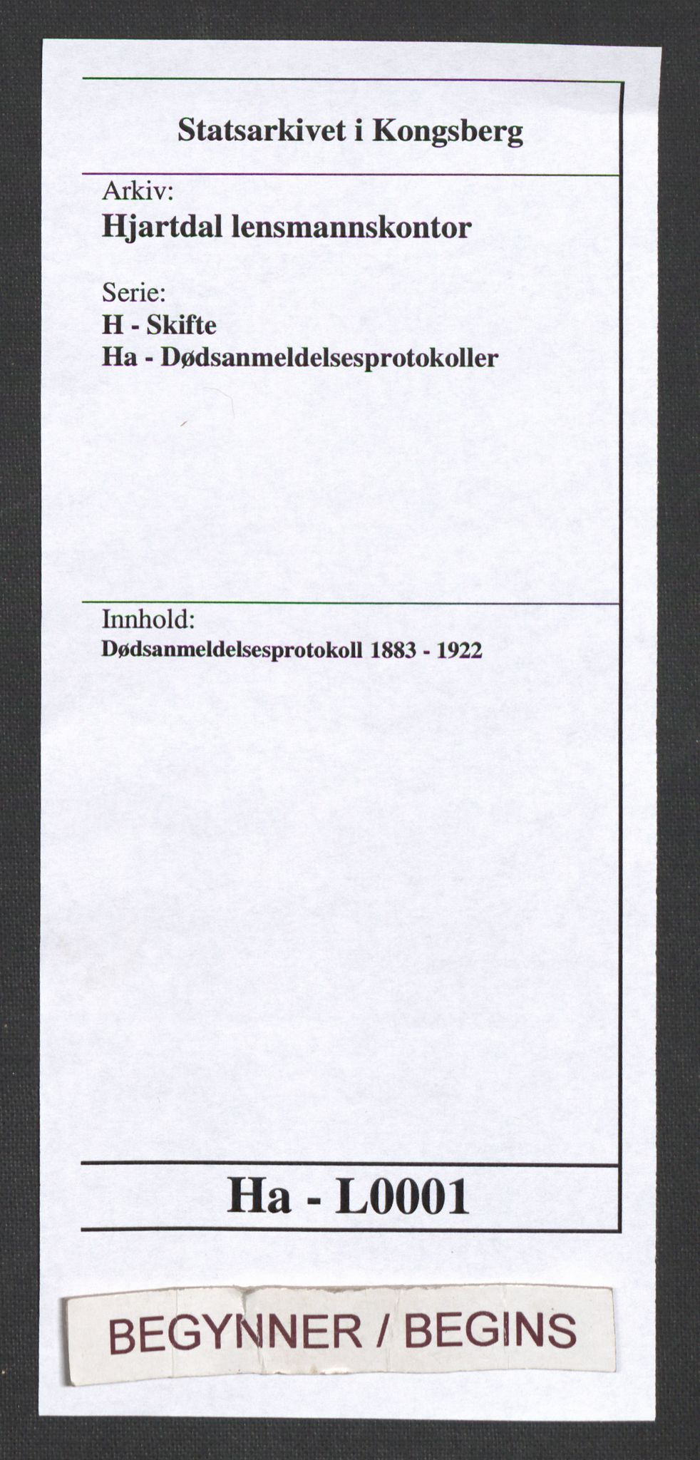 Hjartdal lensmannskontor, AV/SAKO-A-559/H/Ha/L0001: Dødsanmeldelsesprotokoll, 1883-1922