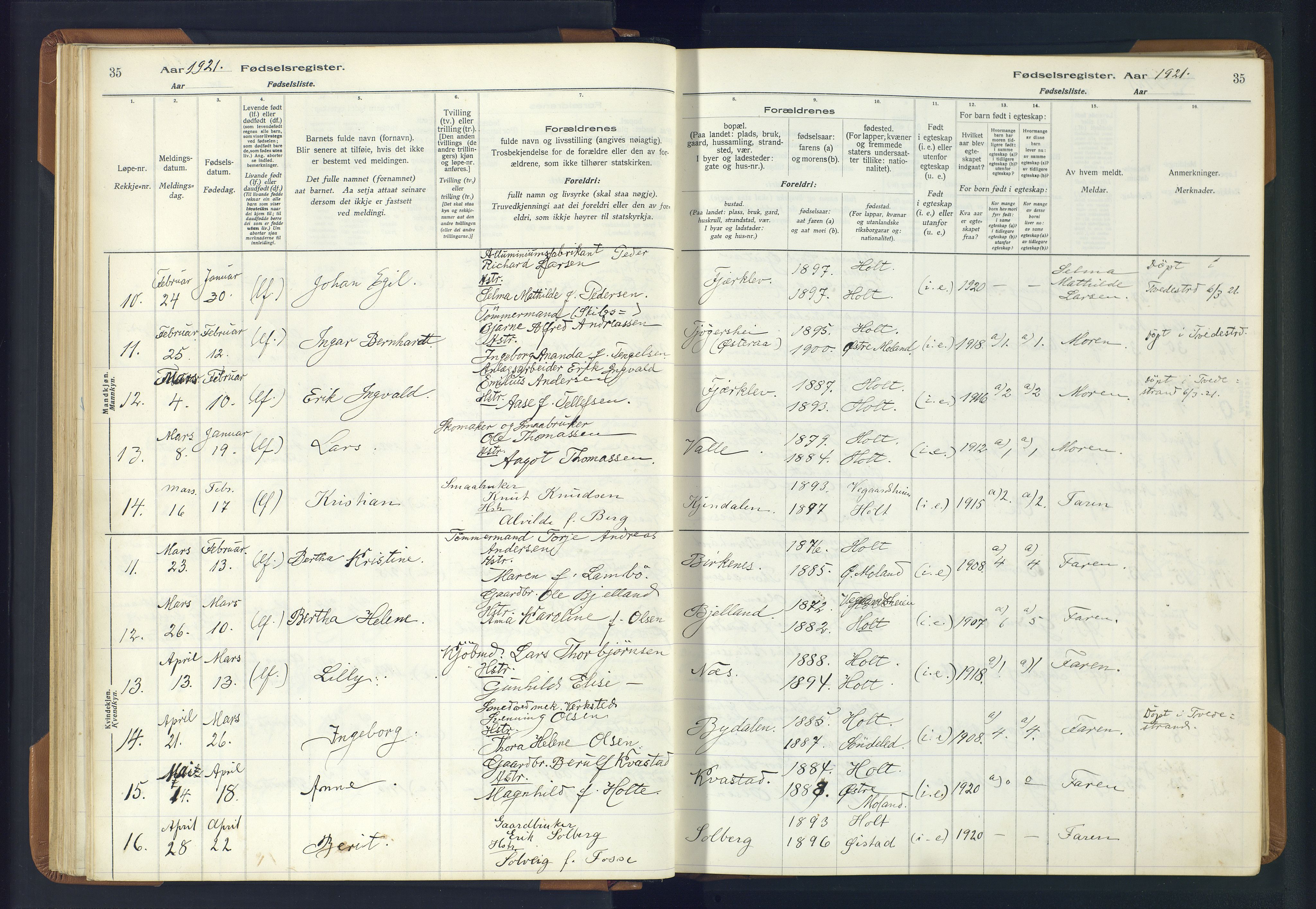 Holt sokneprestkontor, AV/SAK-1111-0021/J/Ja/L0001: Birth register no. II.4.1, 1916-1946, p. 35