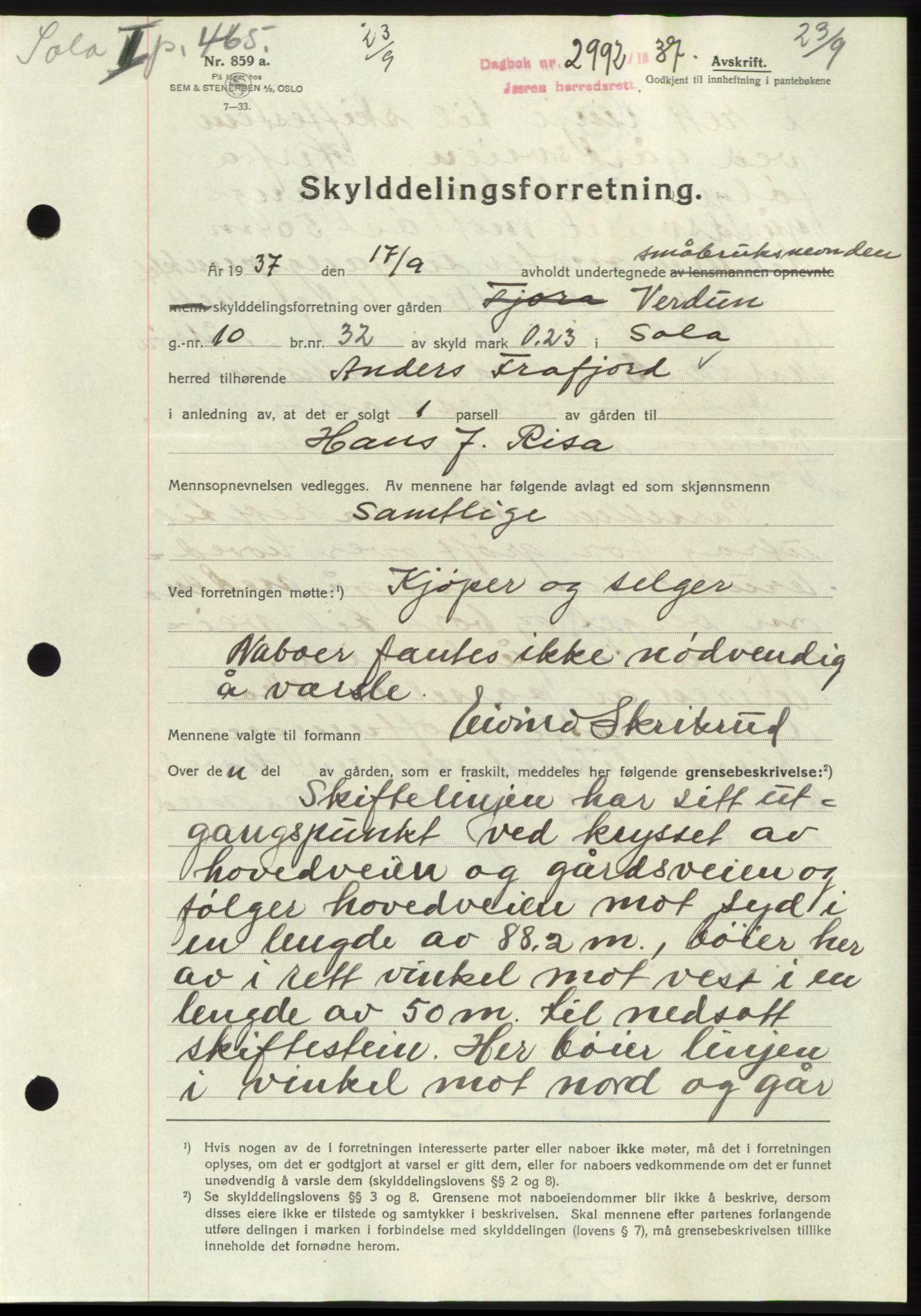 Jæren sorenskriveri, SAST/A-100310/03/G/Gba/L0069: Mortgage book, 1937-1937, Diary no: : 2992/1937