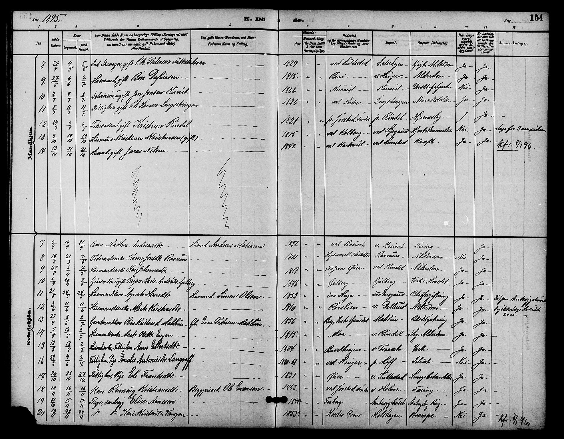Fåberg prestekontor, AV/SAH-PREST-086/H/Ha/Hab/L0009: Parish register (copy) no. 9, 1891-1902, p. 154