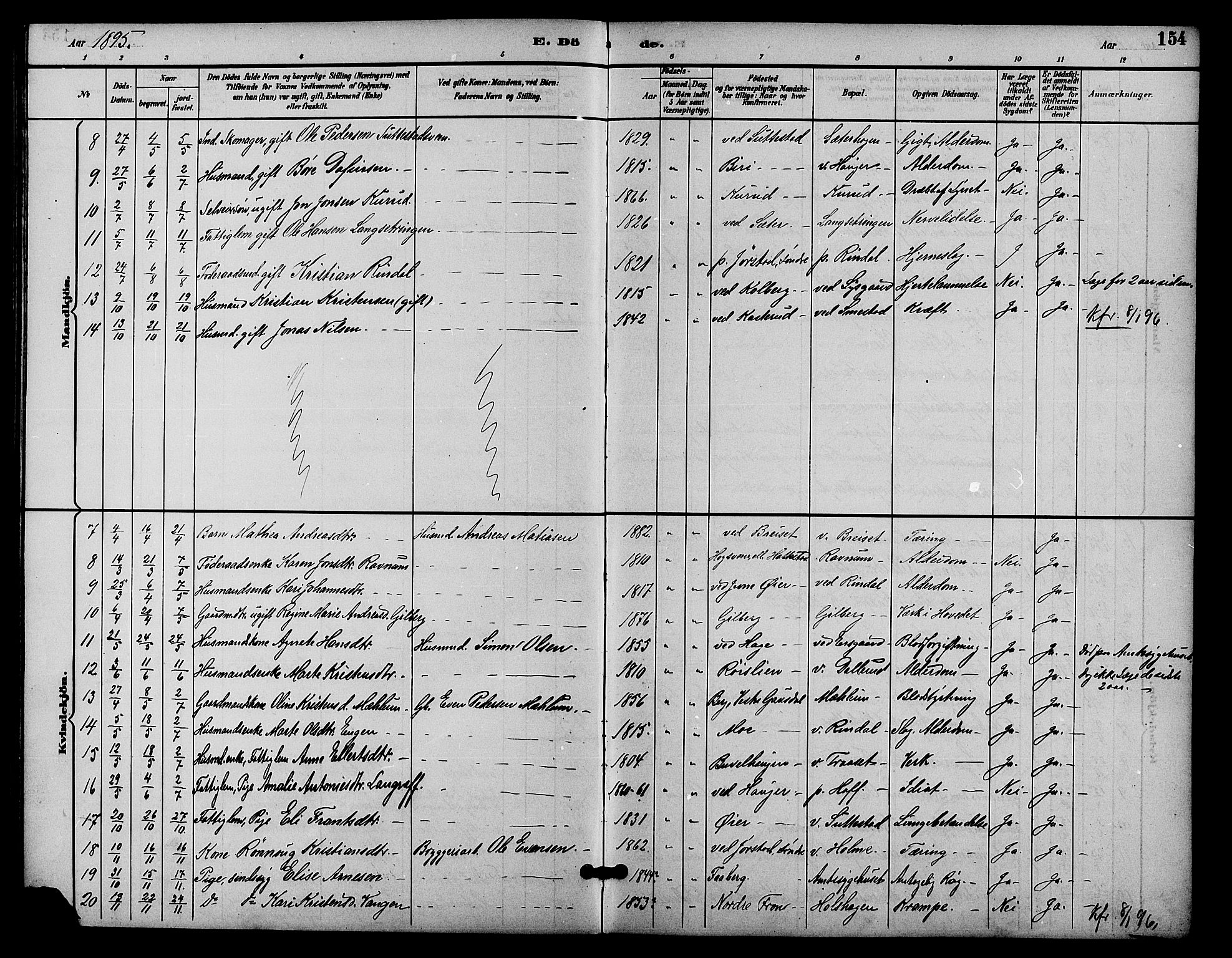 Fåberg prestekontor, SAH/PREST-086/H/Ha/Hab/L0009: Parish register (copy) no. 9, 1891-1902, p. 154