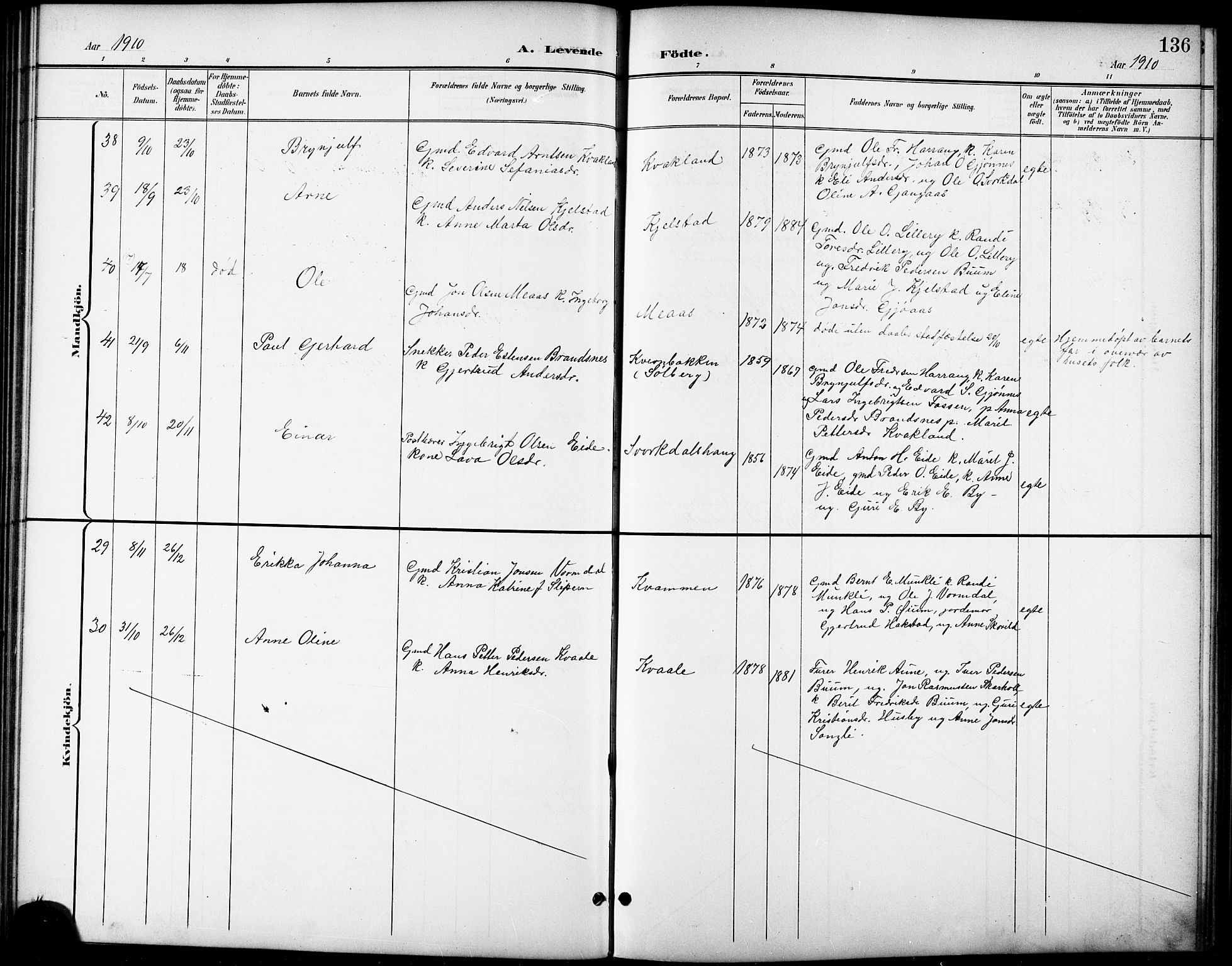 Ministerialprotokoller, klokkerbøker og fødselsregistre - Sør-Trøndelag, AV/SAT-A-1456/668/L0819: Parish register (copy) no. 668C08, 1899-1912, p. 136