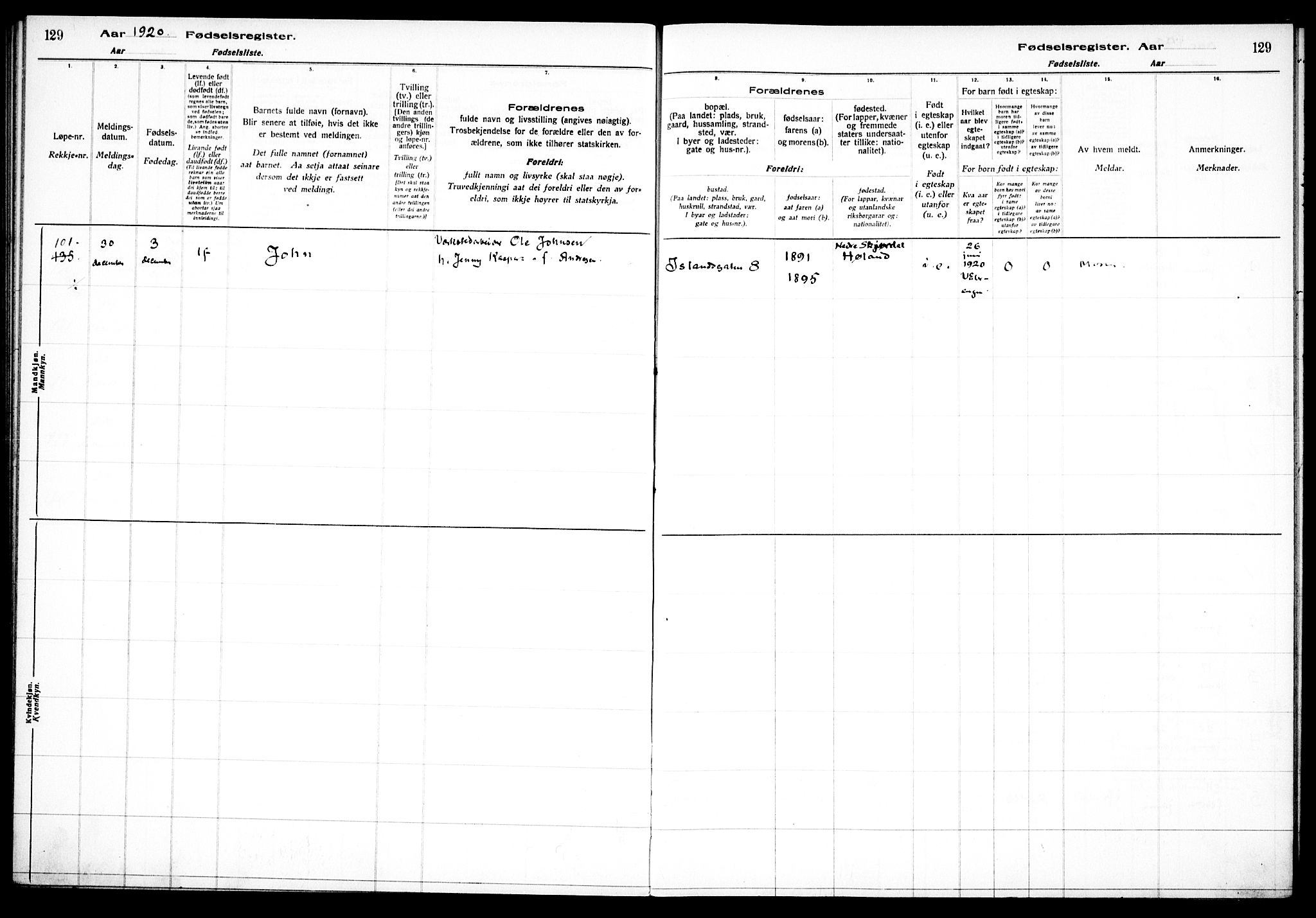 Vålerengen prestekontor Kirkebøker, SAO/A-10878/J/Ja/L0001: Birth register no. 1, 1916-1924, p. 129