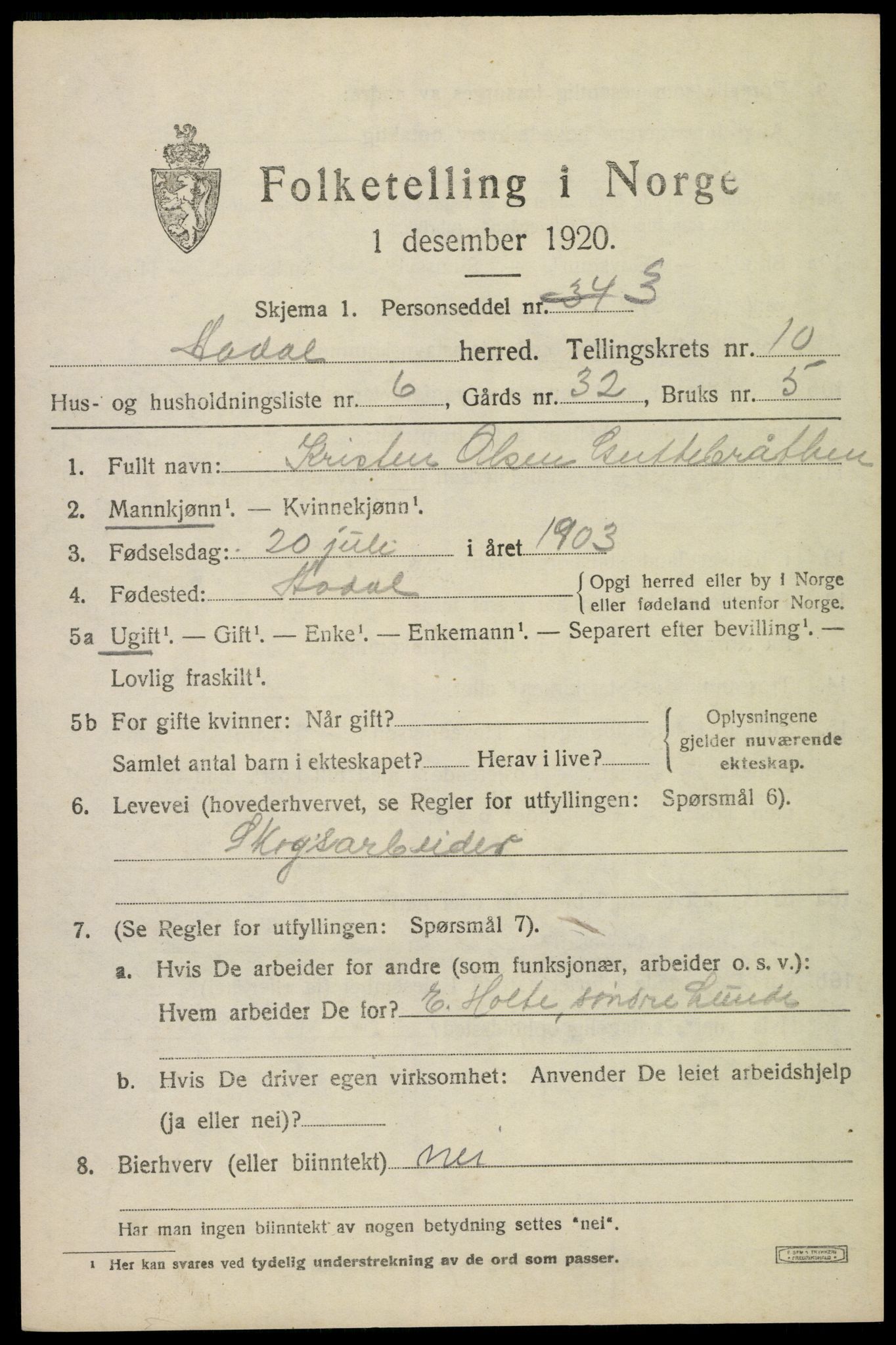 SAKO, 1920 census for Ådal, 1920, p. 6594
