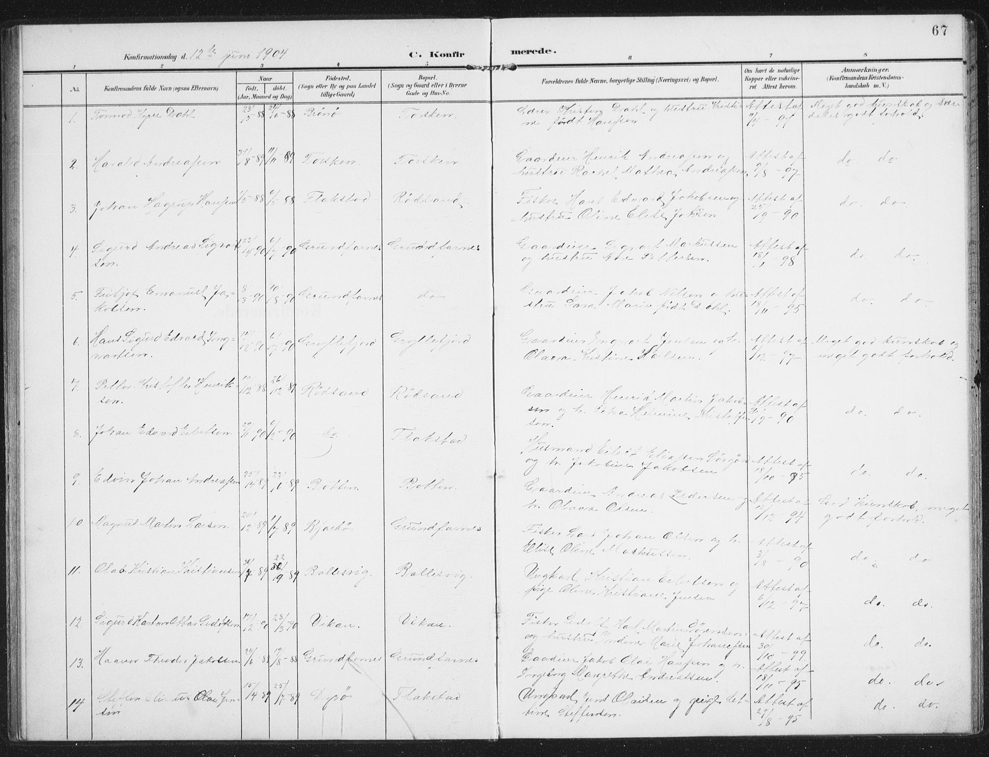Berg sokneprestkontor, AV/SATØ-S-1318/G/Ga/Gaa/L0008kirke: Parish register (official) no. 8, 1904-1916, p. 67