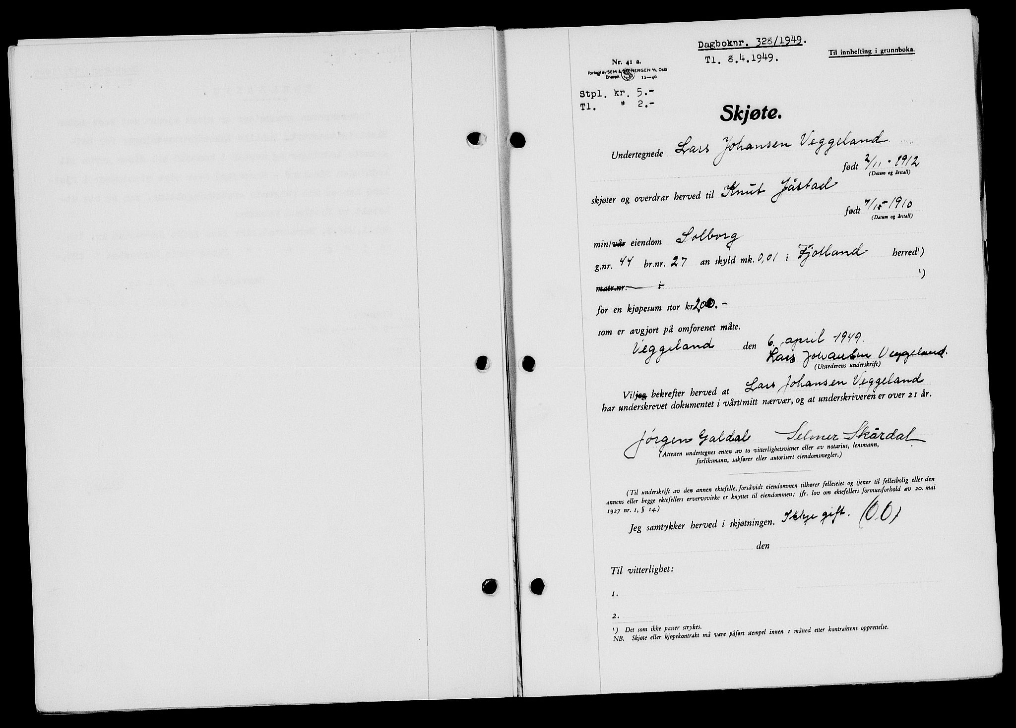 Flekkefjord sorenskriveri, SAK/1221-0001/G/Gb/Gba/L0065: Mortgage book no. A-13, 1949-1949, Diary no: : 328/1949