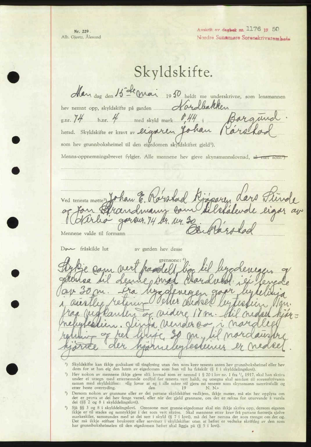 Nordre Sunnmøre sorenskriveri, AV/SAT-A-0006/1/2/2C/2Ca: Mortgage book no. A34, 1950-1950, Diary no: : 1176/1950