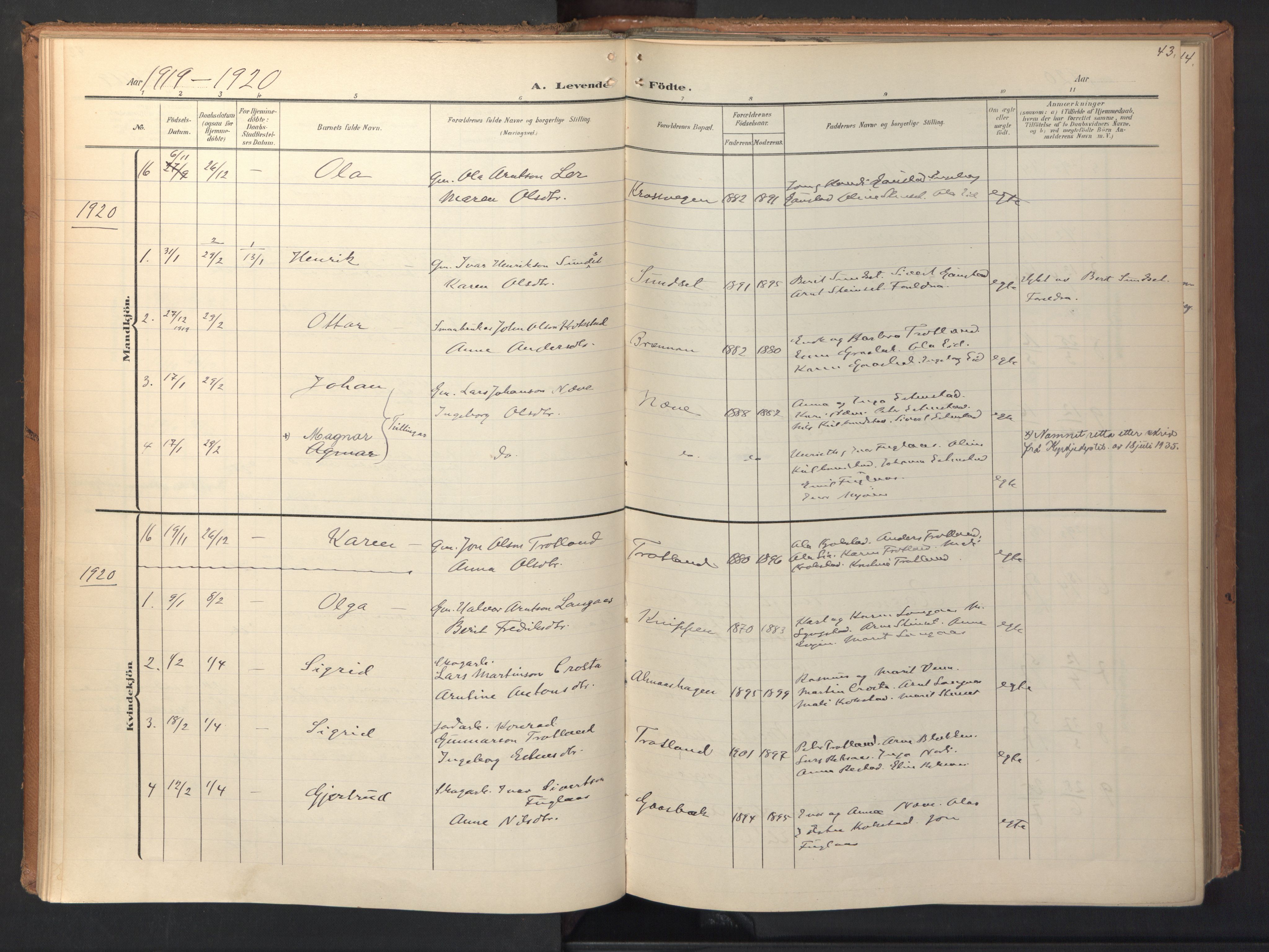 Ministerialprotokoller, klokkerbøker og fødselsregistre - Sør-Trøndelag, SAT/A-1456/694/L1128: Parish register (official) no. 694A02, 1906-1931, p. 43