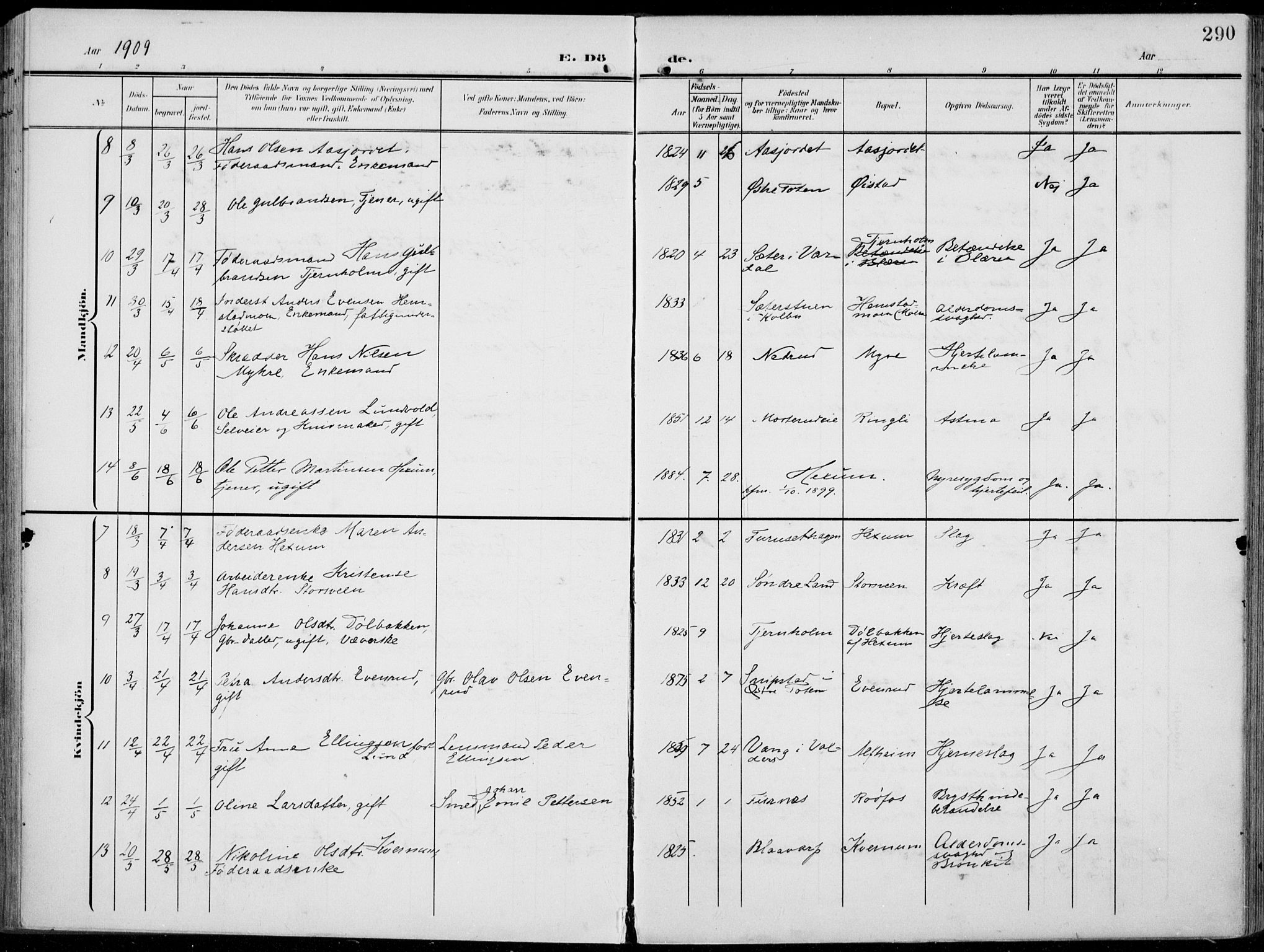 Vestre Toten prestekontor, AV/SAH-PREST-108/H/Ha/Haa/L0014: Parish register (official) no. 14, 1907-1920, p. 290