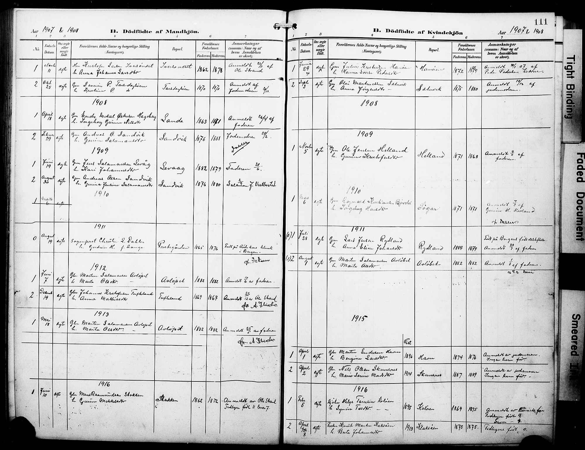 Fitjar sokneprestembete, SAB/A-99926: Parish register (copy) no. B 1, 1906-1928, p. 111