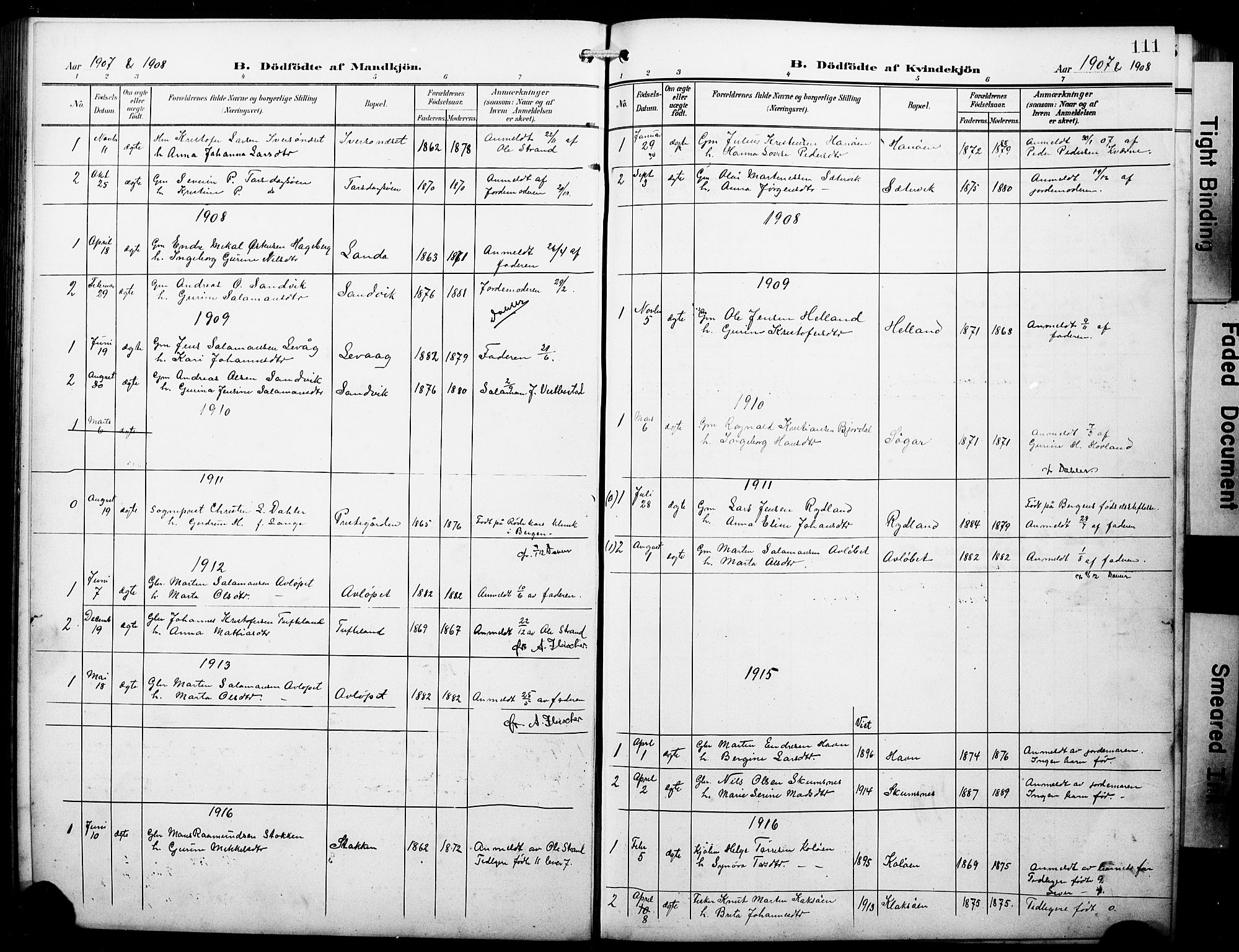 Fitjar sokneprestembete, AV/SAB-A-99926: Parish register (copy) no. B 1, 1906-1928, p. 111