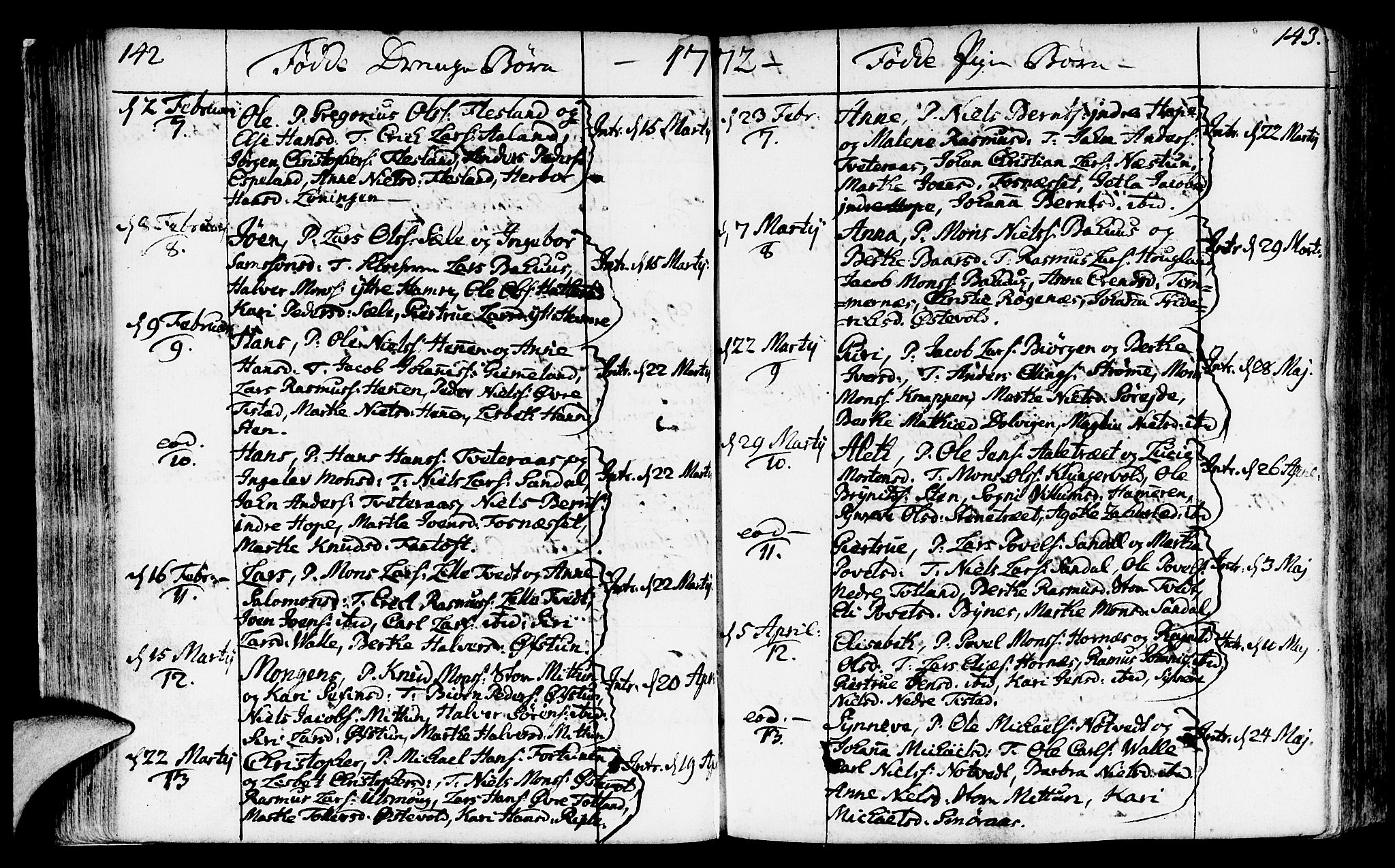 Fana Sokneprestembete, SAB/A-75101/H/Haa/Haaa/L0004: Parish register (official) no. A 4, 1757-1774, p. 142-143