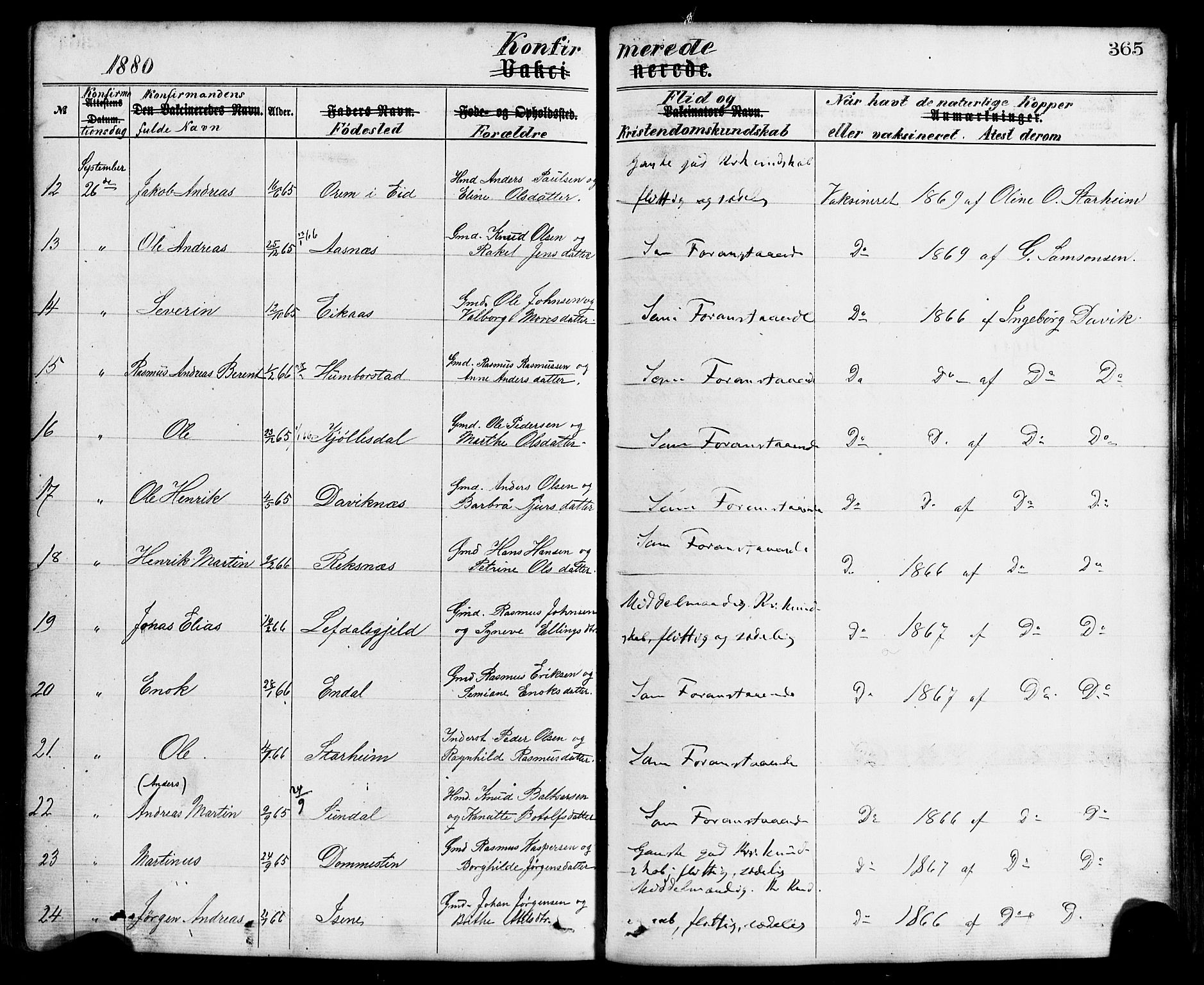 Davik sokneprestembete, AV/SAB-A-79701/H/Haa/Haaa/L0006: Parish register (official) no. A 6, 1867-1881, p. 365