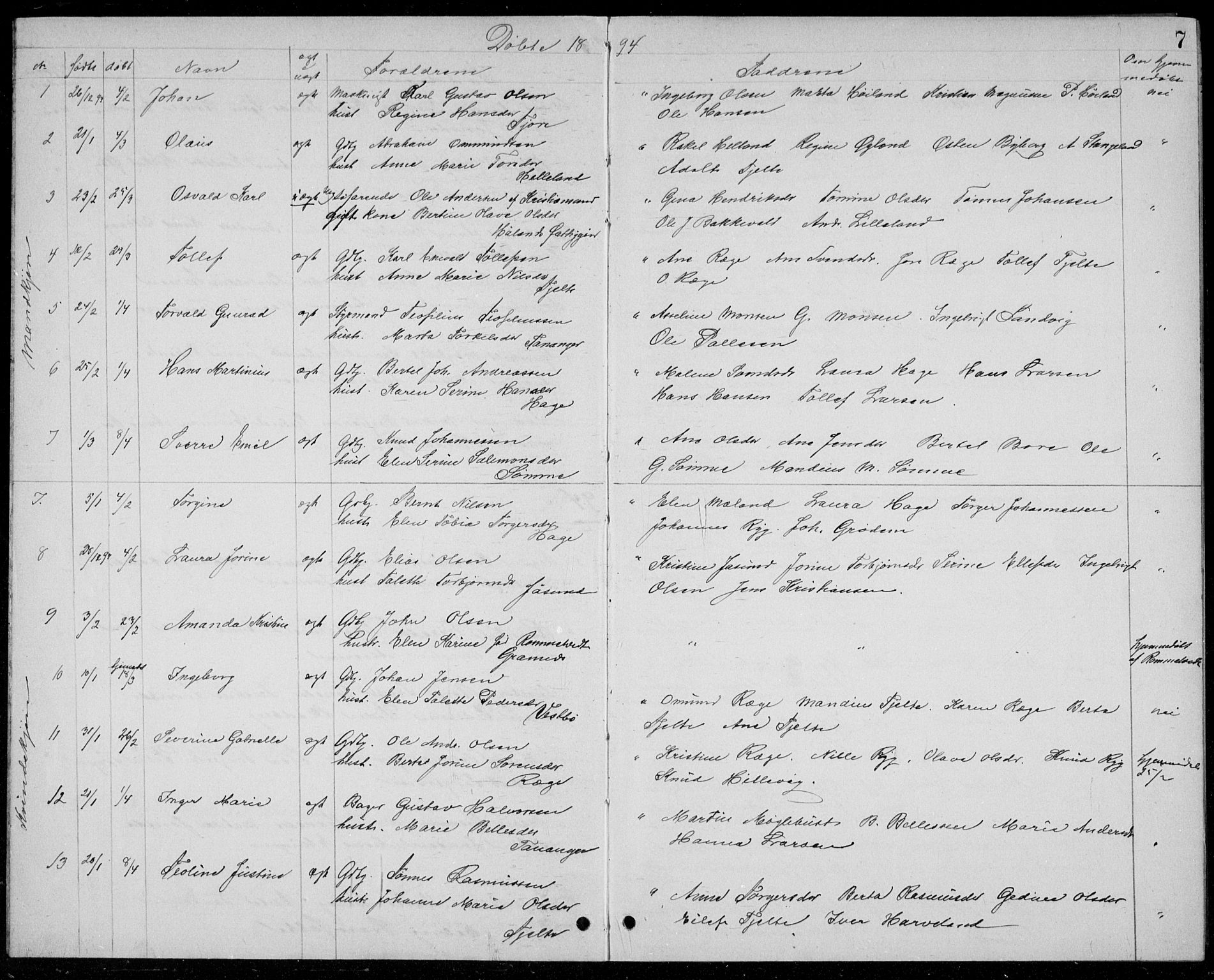 Håland sokneprestkontor, AV/SAST-A-101802/001/30BB/L0004: Parish register (copy) no. B 4, 1893-1898, p. 7