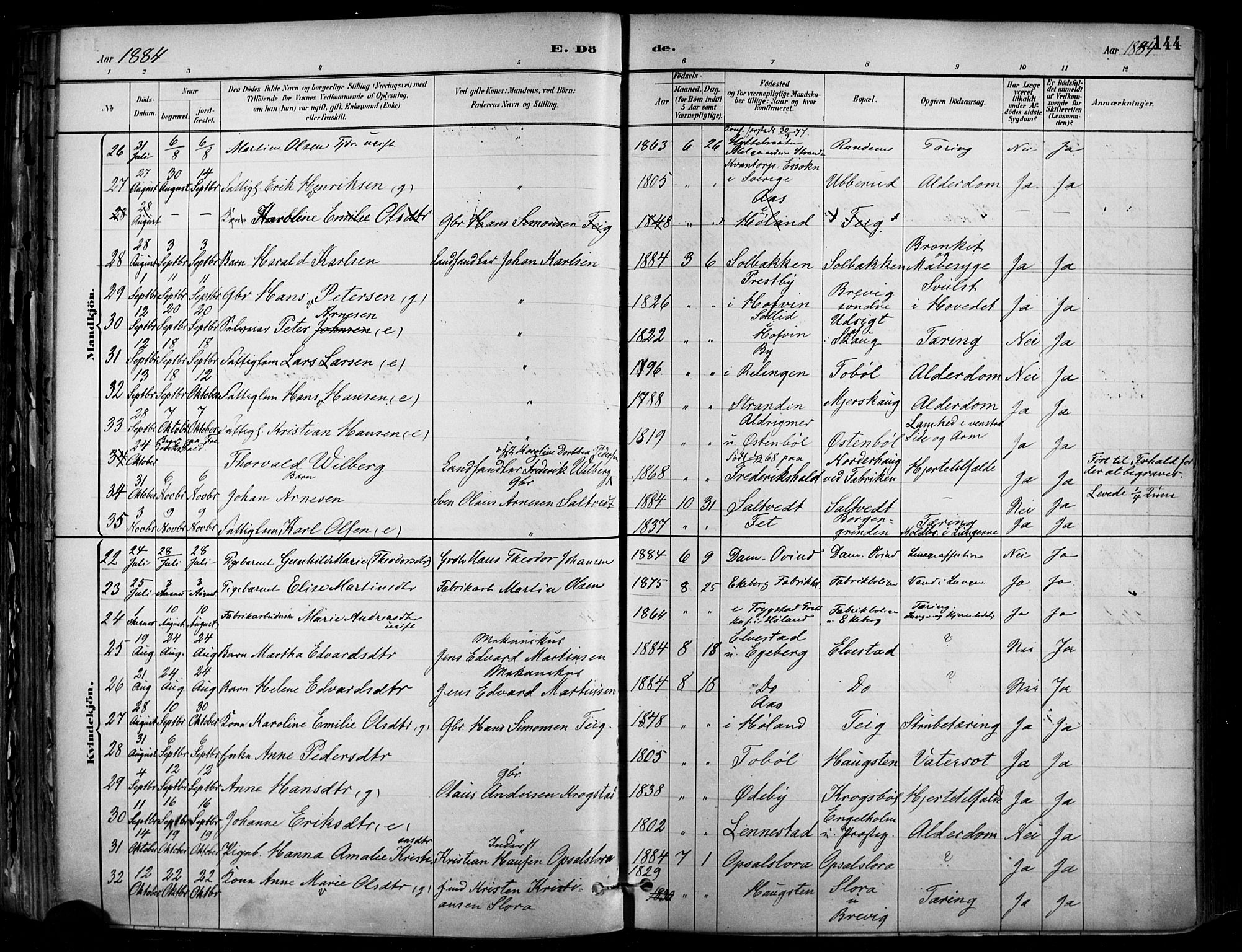 Enebakk prestekontor Kirkebøker, AV/SAO-A-10171c/F/Fa/L0016: Parish register (official) no. I 16, 1883-1898, p. 144
