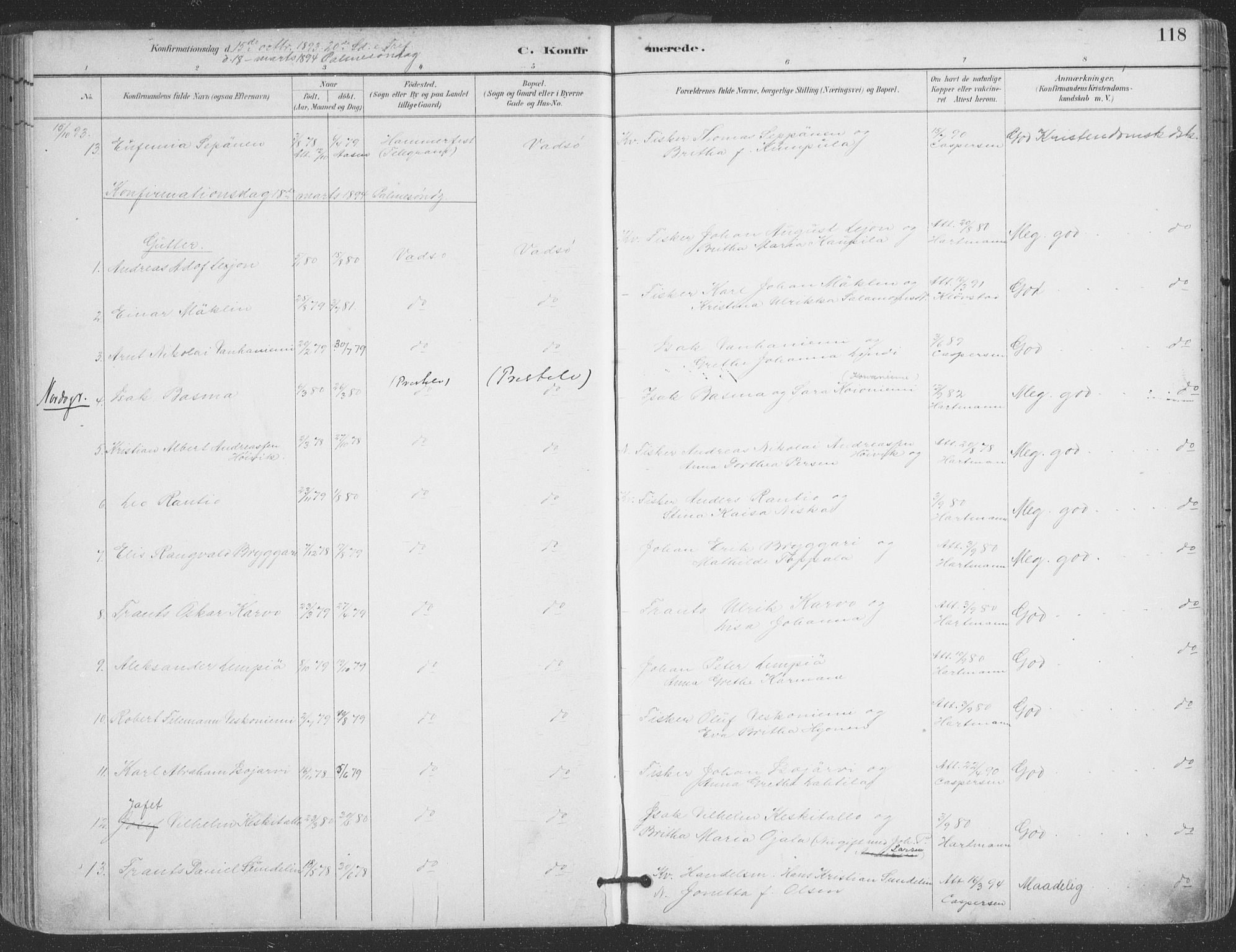 Vadsø sokneprestkontor, SATØ/S-1325/H/Ha/L0006kirke: Parish register (official) no. 6, 1885-1895, p. 118