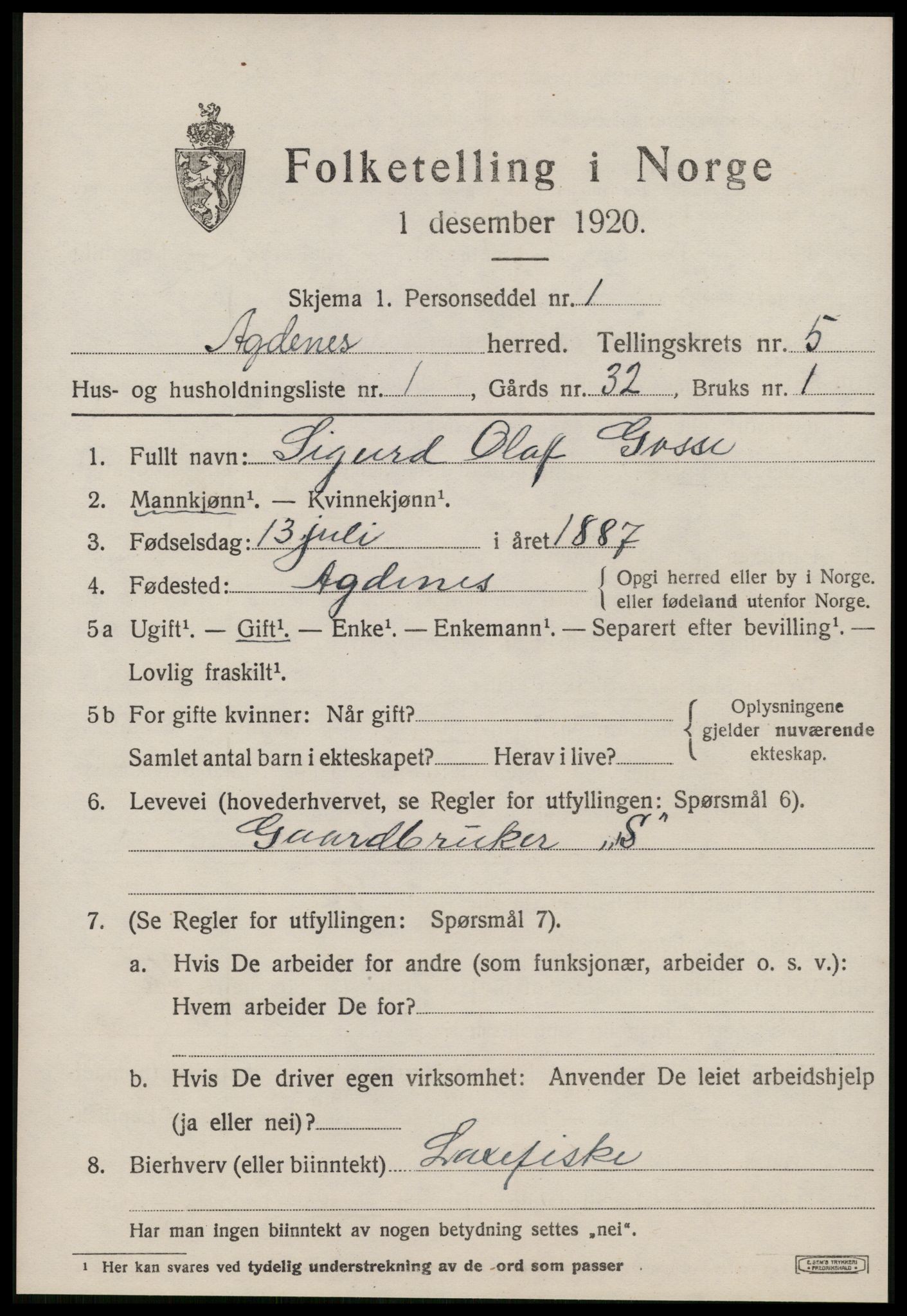 SAT, 1920 census for Agdenes, 1920, p. 2265