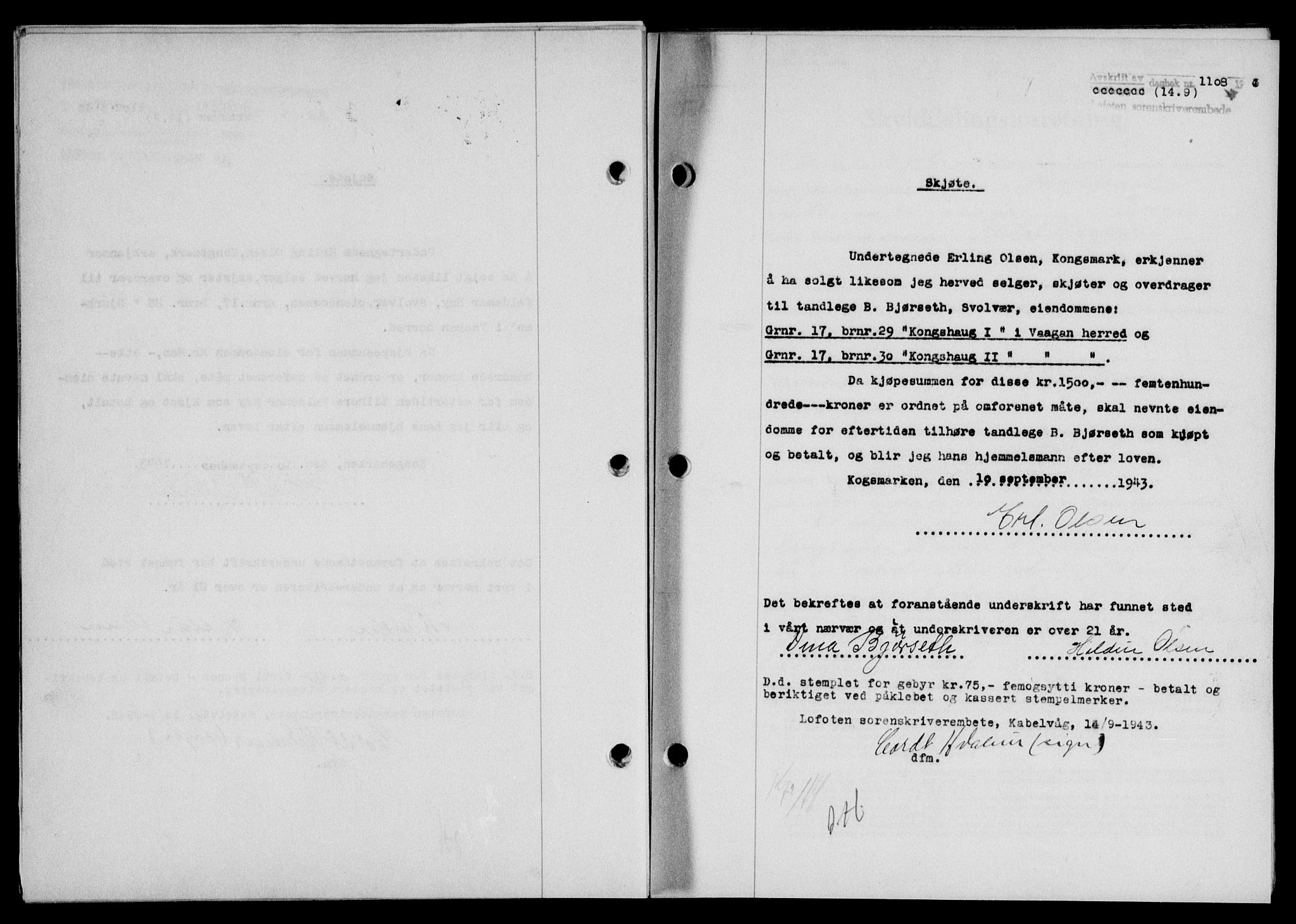 Lofoten sorenskriveri, SAT/A-0017/1/2/2C/L0011a: Mortgage book no. 11a, 1943-1943, Diary no: : 1108/1943