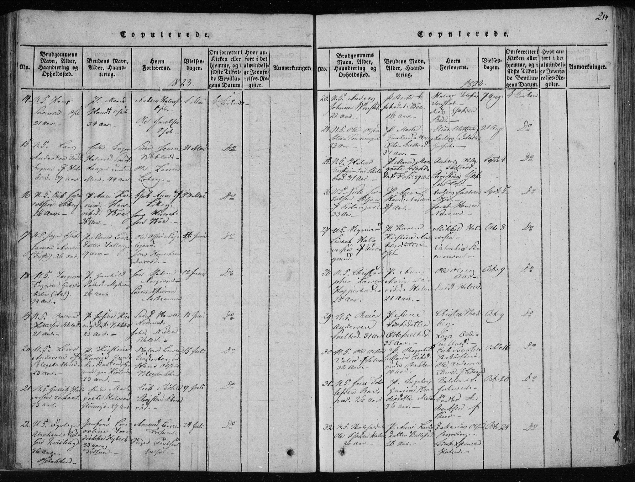 Gjerpen kirkebøker, AV/SAKO-A-265/F/Fa/L0004: Parish register (official) no. I 4, 1814-1823, p. 214