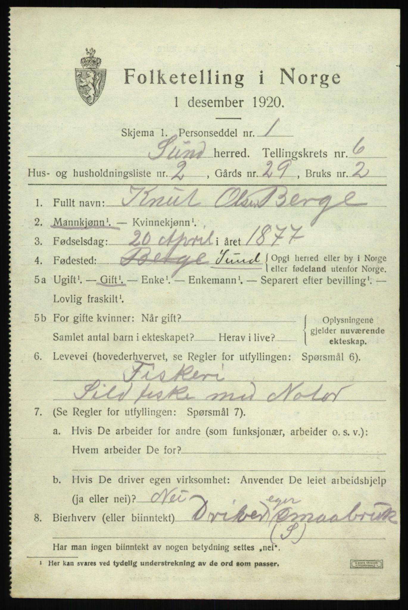 SAB, 1920 census for Sund, 1920, p. 3881