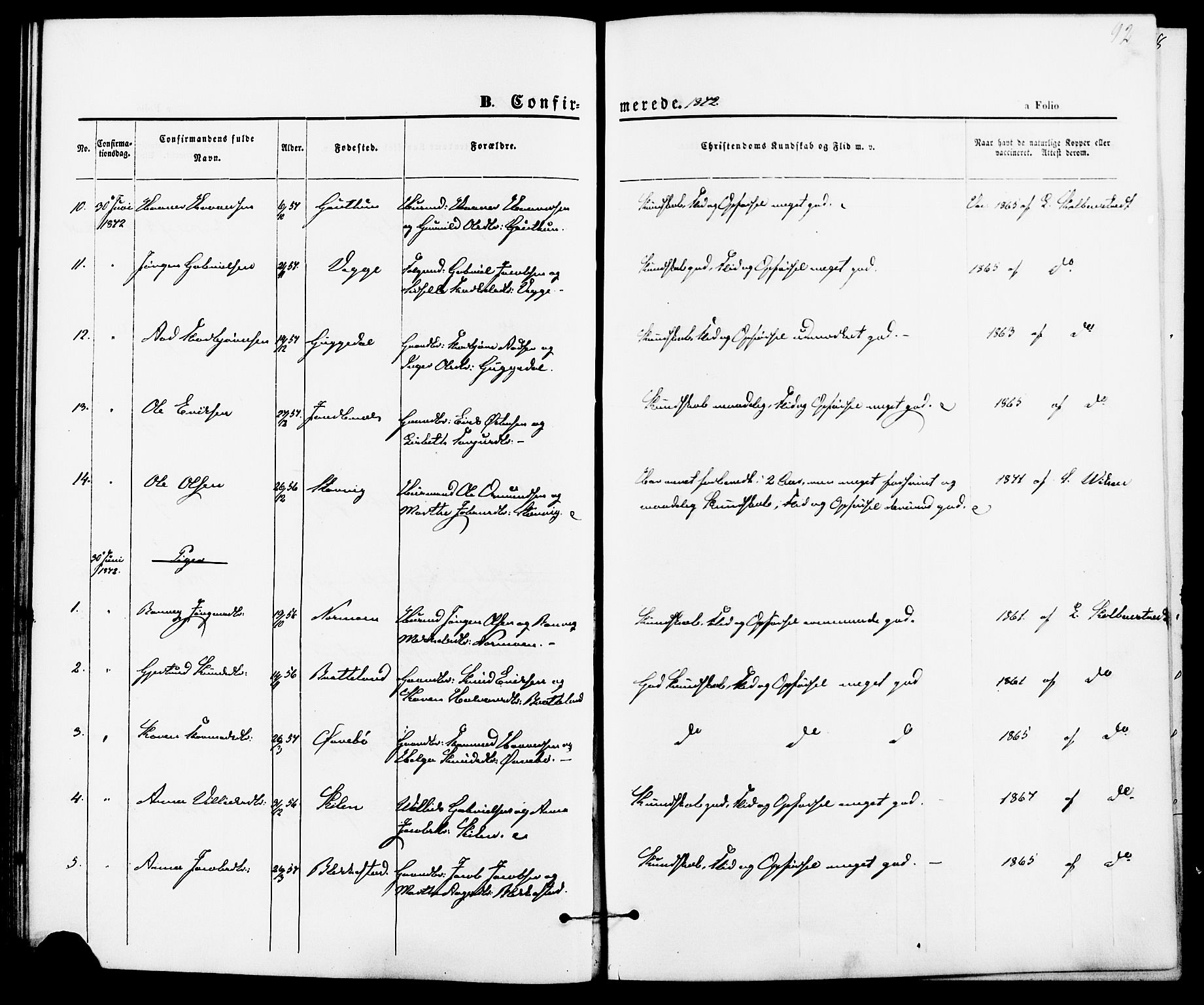 Suldal sokneprestkontor, AV/SAST-A-101845/01/IV/L0010: Parish register (official) no. A 10, 1869-1878, p. 92