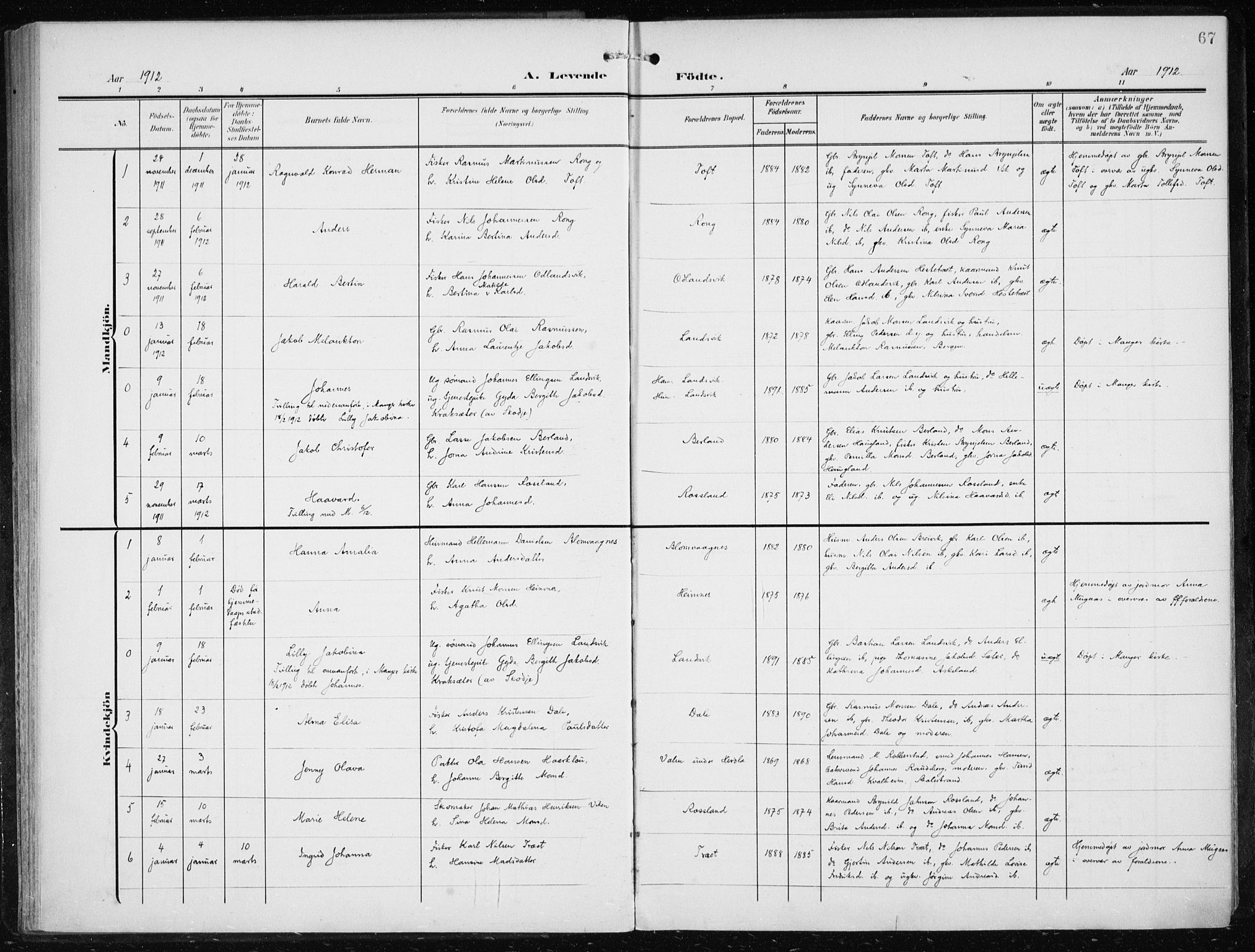 Herdla Sokneprestembete, SAB/A-75701/H/Haa: Parish register (official) no. A 5, 1905-1918, p. 67